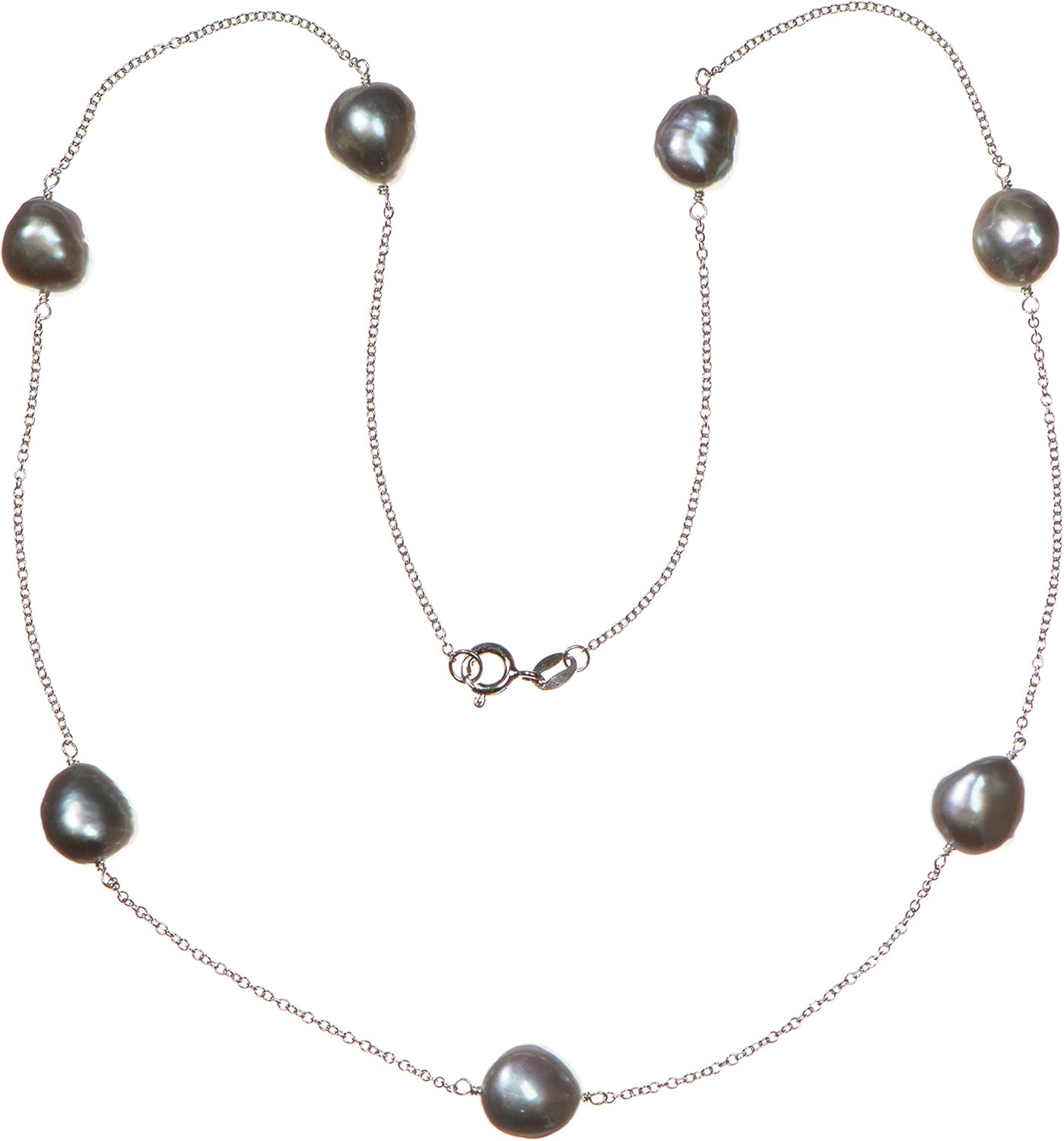 Sterling Silver Cable Chain Tin-Cup Necklace with Organic Dyed-Gray Cultured Freshwater (10-11mm) Baroque Pearl Stations, 18" or 20" for Men, Women, Unisex Trending Fashion