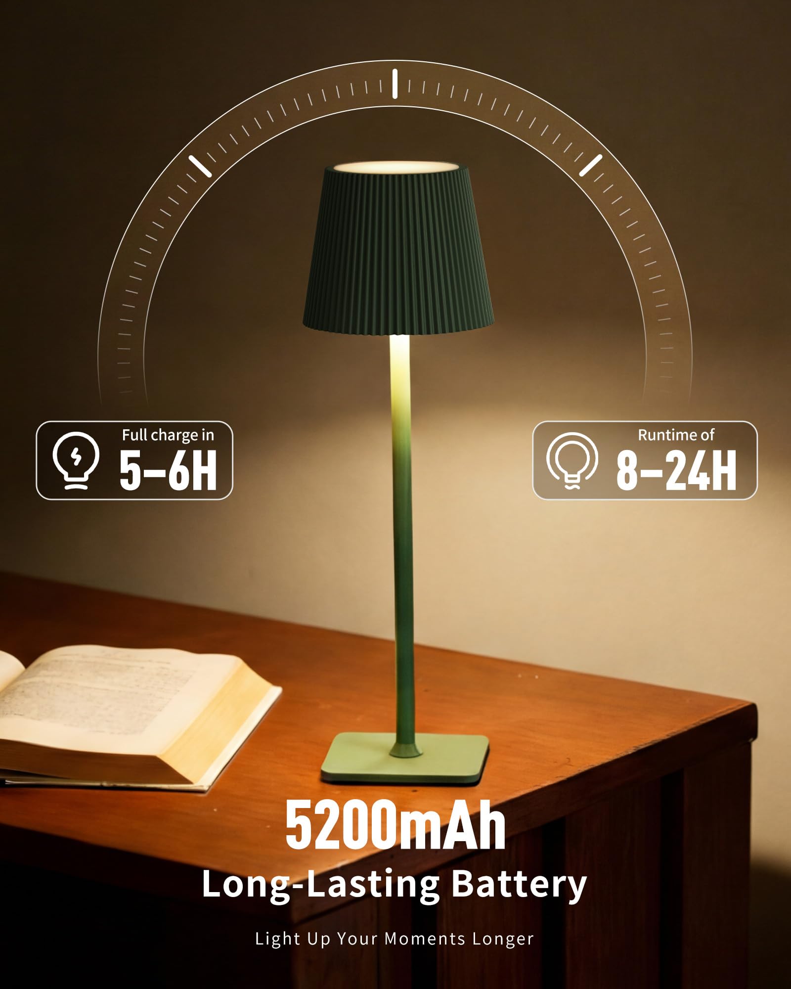 Lampada da tavolo senza fili 1 pezzi Verde VELA TL02 | IP54 | 5200mAh | 3000K-6000K | Touch dimmerabile | 8-10h durata | Giardino, Matrimonio, Terrazza, Cena, Campeggio