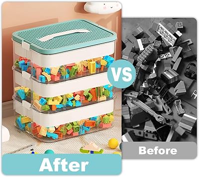 Lego Storage Box, Kids Toy Storage Organizer, Stackable Plastic Container with Lid & Handle, Multi Compartment Chest Case for Building Blocks, Crafts, Jewelry, Beads, Tools, Toys (2-Tier Green)
