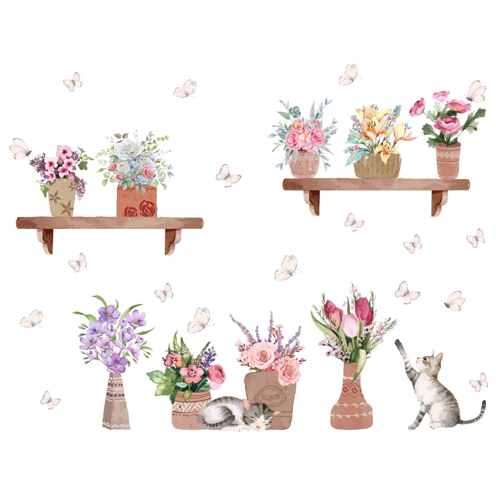 SUPERDANT Adesivo da Parete Piante in Vaso Fiore Adesivi Muro Gatto Farfalla Rimovibile Home Adesivo Muro Decorativo Fai da Te Arte Murale per La Decorazione della Parete della Camera da Letto