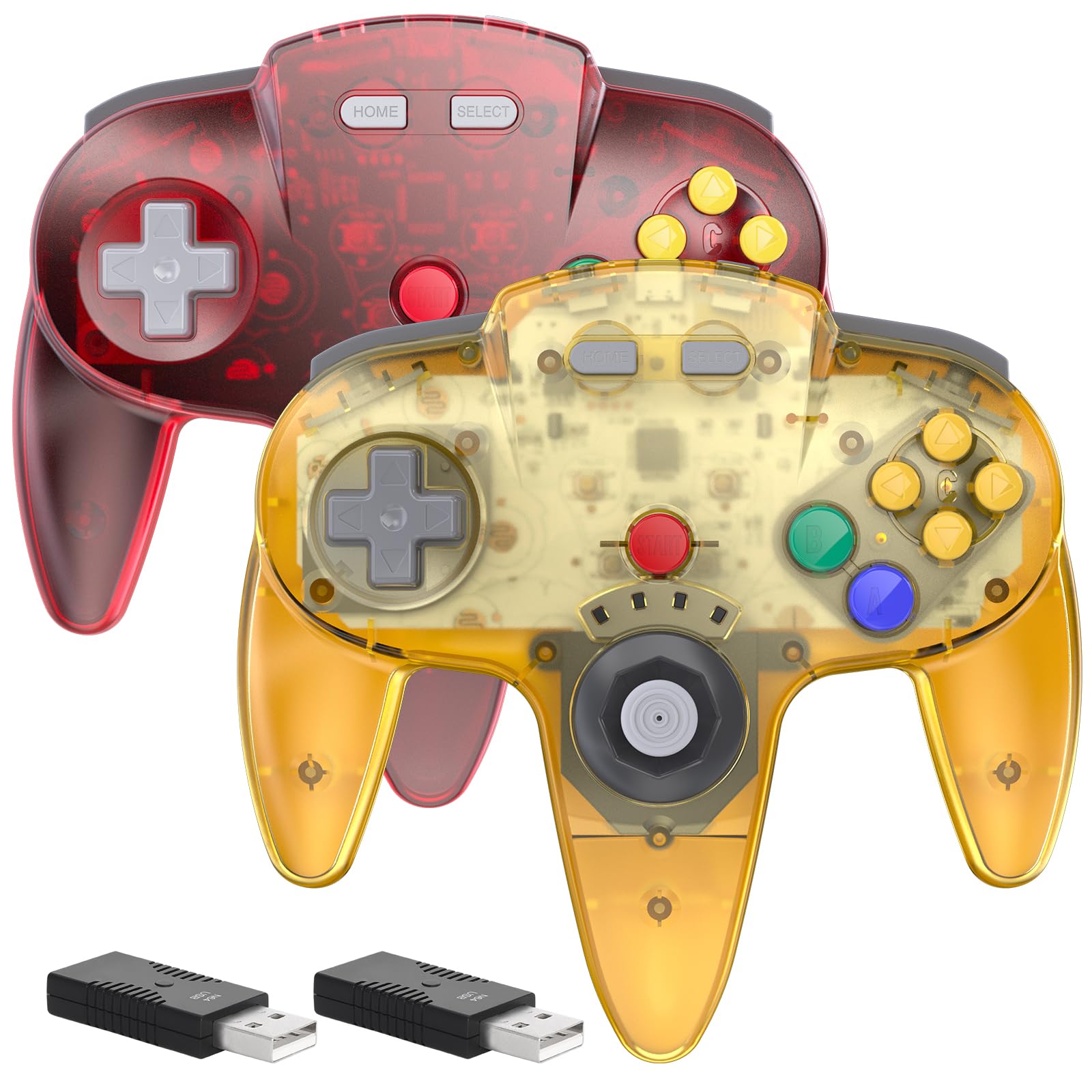 2 Pack 2.4 GHz Wireless N64 Switch Online Controller, USB Receiver, Compatible with Windows PC Laptop iOS Mac Raspberry Pi, Switch Online/NSO - (Rechargeable) (Built-in Rumble) Clear Yellow/Red