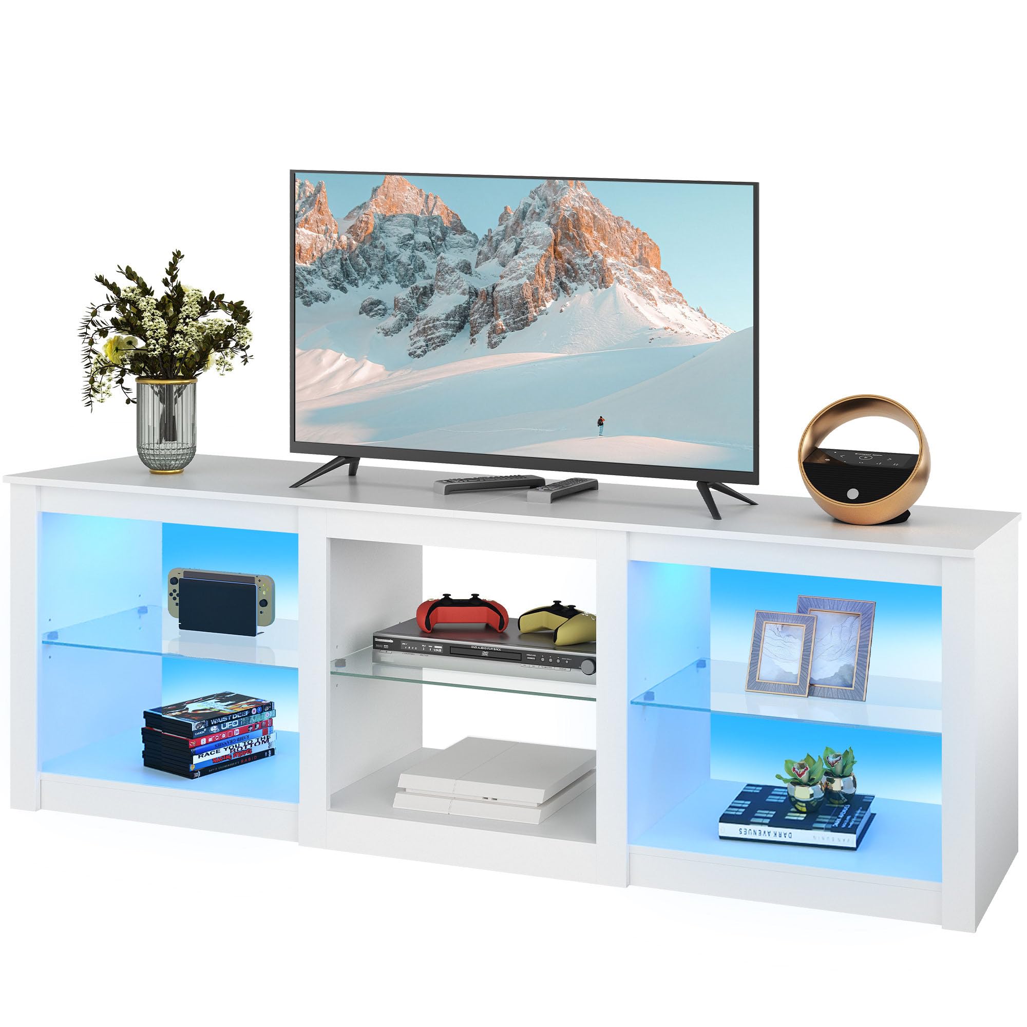WLIVE Mobile TV LED 166 cm, Lowboard Bianco con Illuminazione a 22 Modalità e Scomparti Aperti, Porta TV per Televisori fino a 75 Pollici, Mobiletto con Ripiani in Vetro Regolabili per Soggiorno