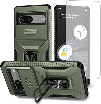 Case for Pixel 7 Case, Google 7 GQML3 Case with Tempered Glass Screen Protector and Slide Camera Cover, Magnetic Ring Car Mount Holder Shockproof Cover for Google Pixel 7 Green