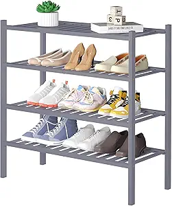 4 Tier Bamboo Shoe Rack for Closet Free Standing Wood Shoe Shelf for Entryway Small Space Stackable 27"x11"x26" (Grey)