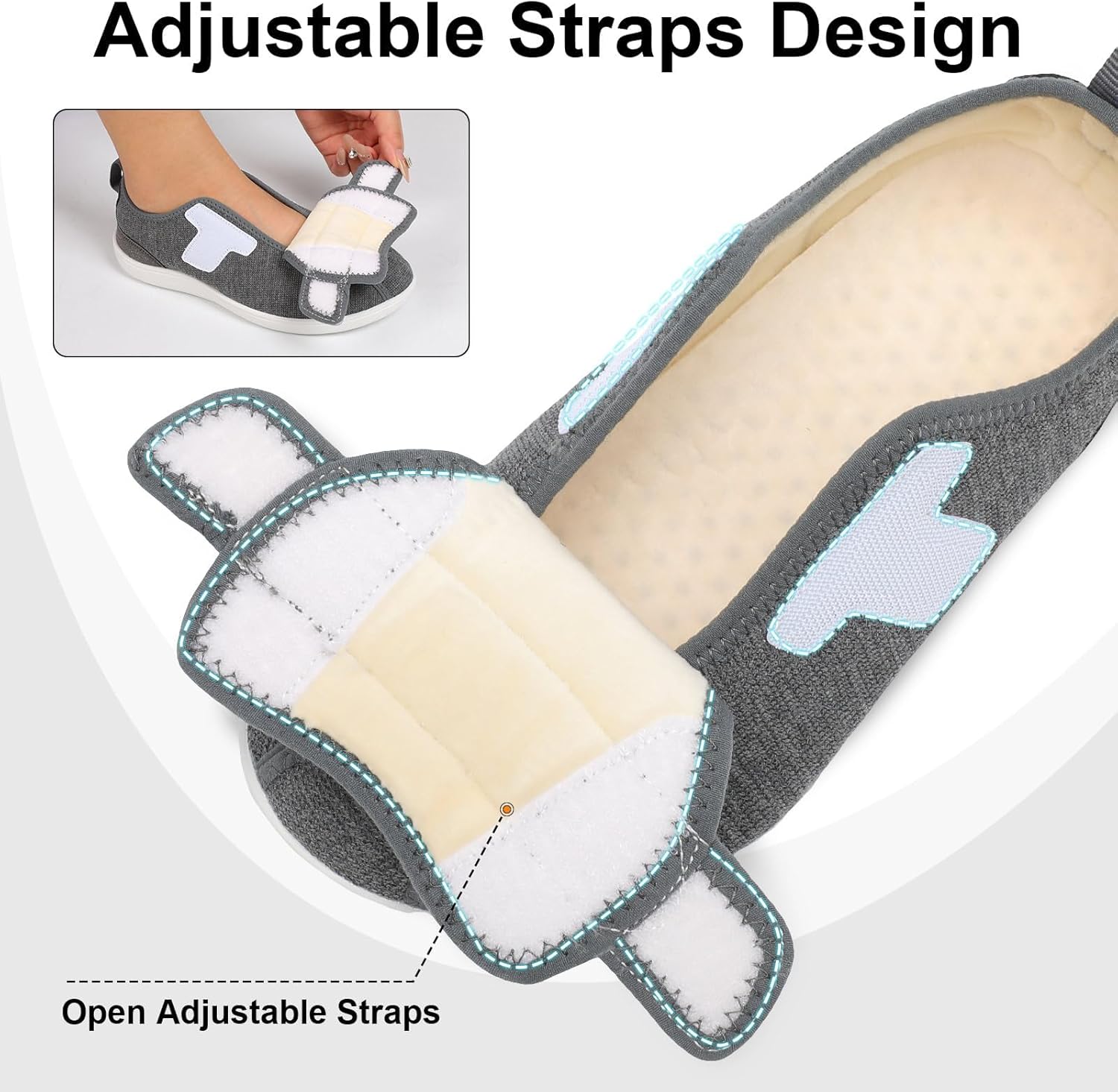 XIHALOOK Womens Slippers Wide Diabetic Shoes with Adjustable Strap for Diabetic Swollen Feet Outdoor Indoor Walking Shoes - Image 3