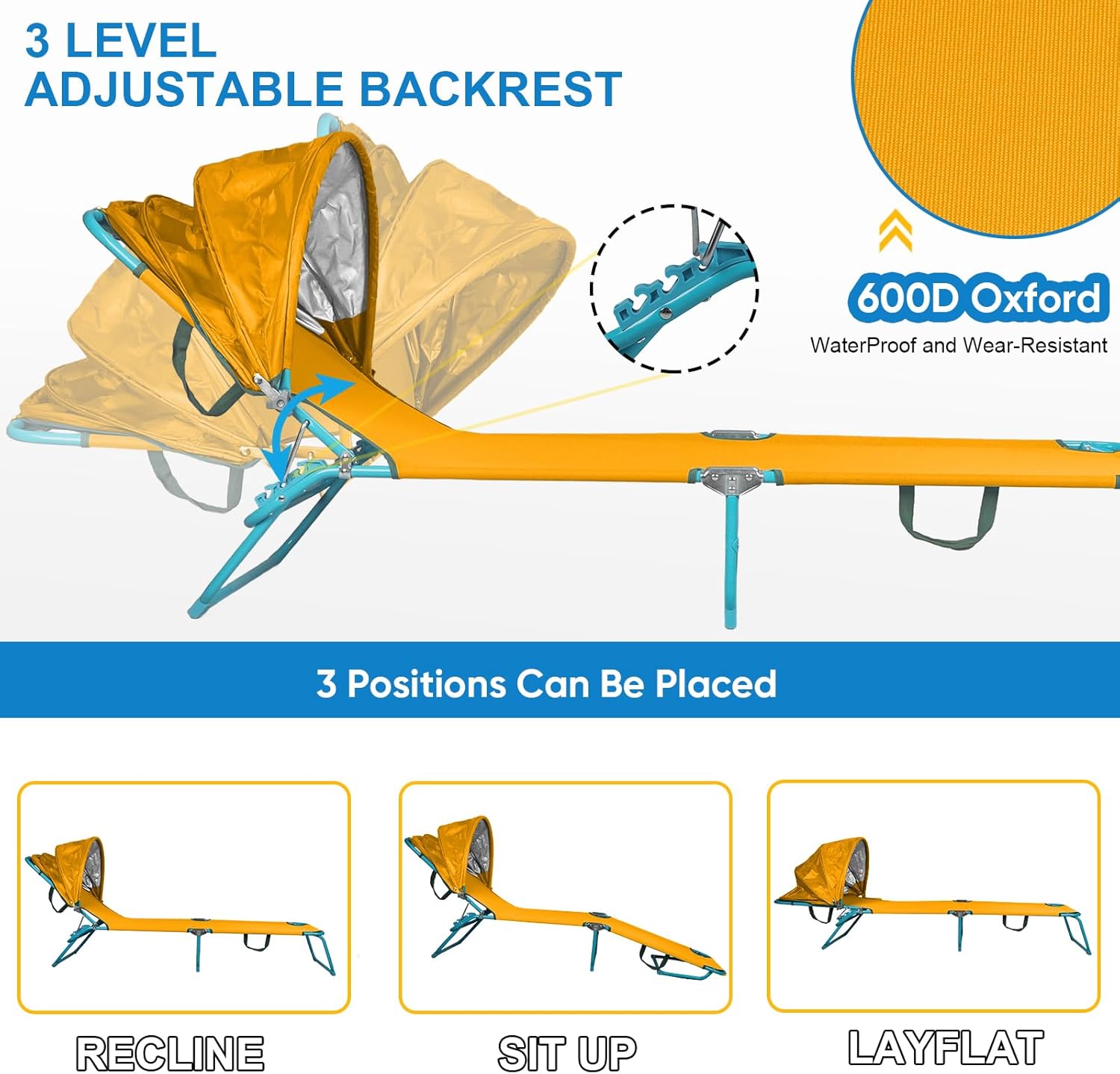 Colorsoul 2 Pack Tanning Chair with Sun Canopy,Adjustable 4-Position Beach Lounge Chair for Adults,Heavy Duty Folding Outdoor Lounge Chair,for Patio Poolside Sunbathing,UPF 50+,300 LBS,Yellow