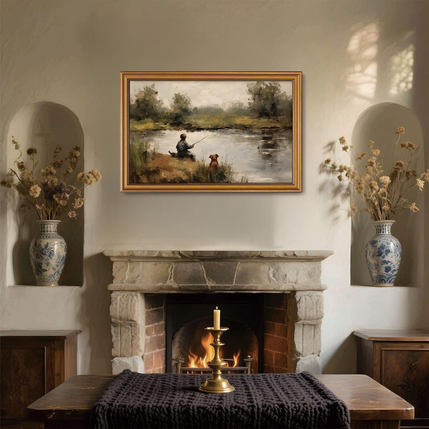Gold Framed Wall Art Vintage Fishing Canvas Wall Art Boy and Dog Artwork Hunting Landscape Prints Rustic Cottagecore Picture for Living Room Farmhouse Office Decor, 16x24