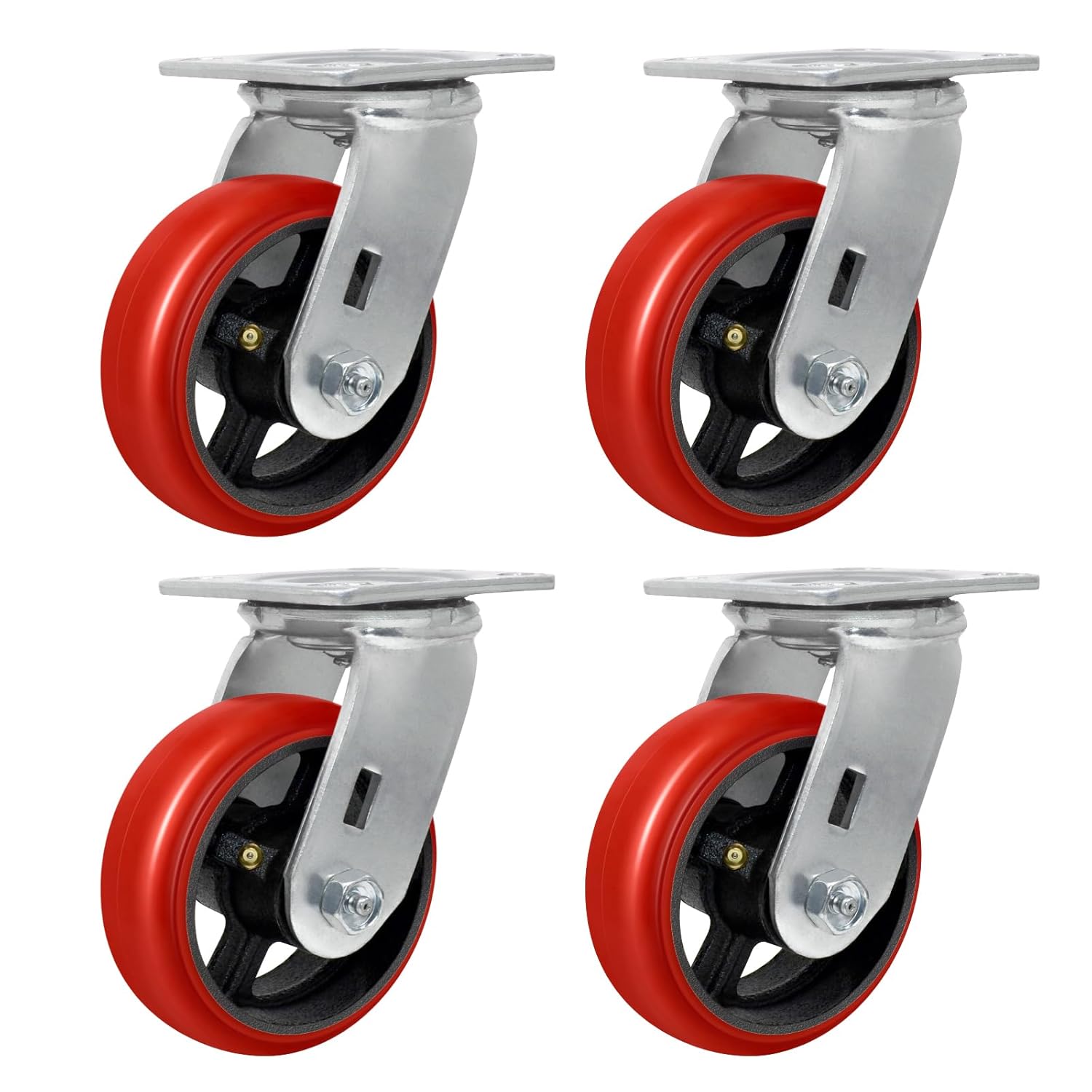 5 Inch industrail Casters Set of 4, Heavy Duty -4000lbs Capacity, Polyurethane tread(Crowned) on Cast lron-Roller Bearing, Top Plate 4 x 4.5, Widely Used in Platform Trucks（4 Pack Swivel）