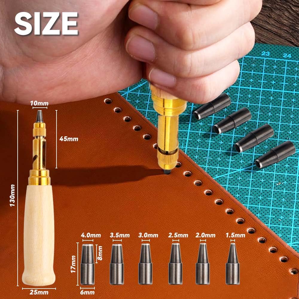 Yakamoz Japanese Screw Punch with 6 Tips (1.5-4.0mm) - Semi-Automatic Screw Hole Punch Tool Wooden Handle Adjustable Leather Hole Punch for Leather Craft Belts Watch Bands Bags