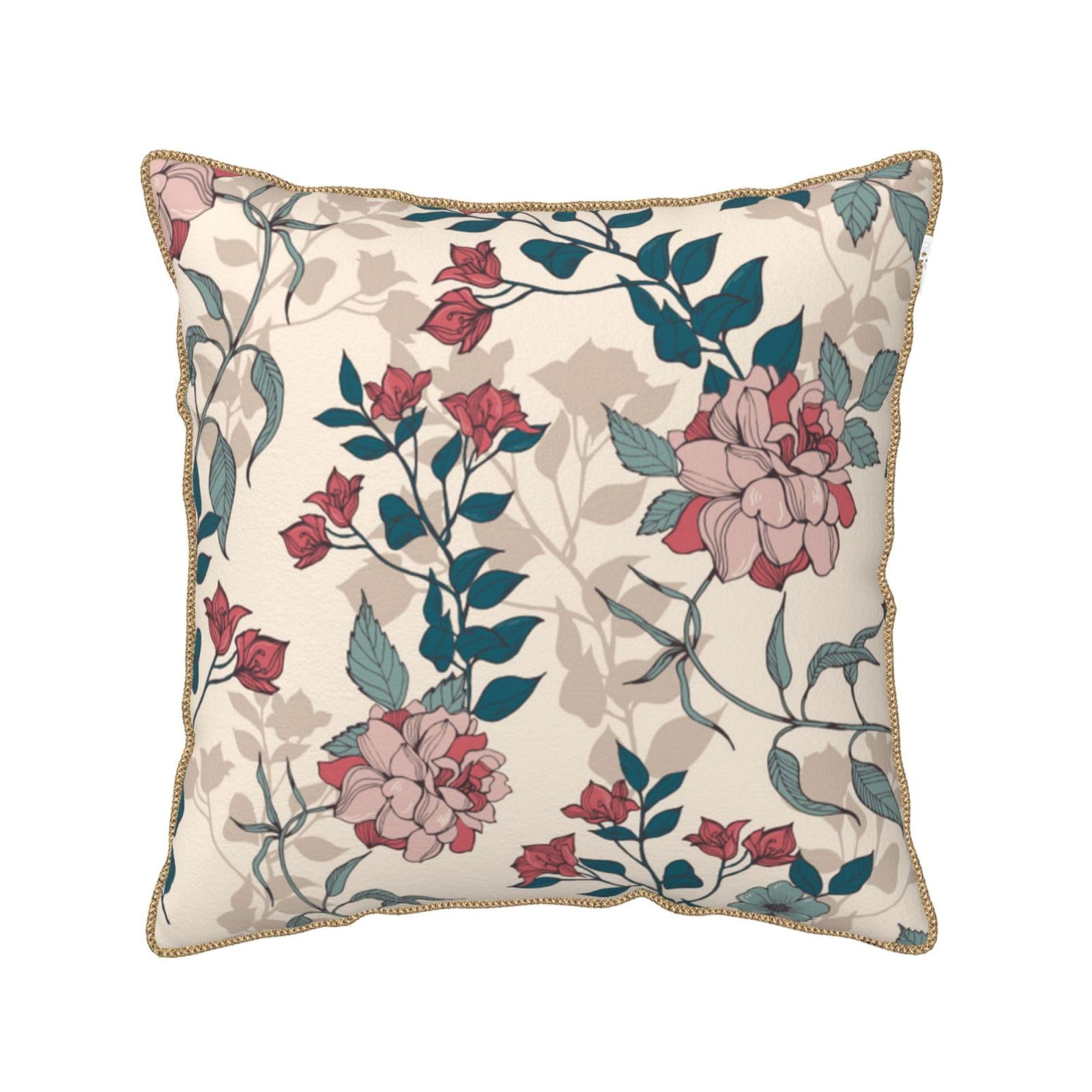 Housse de coussin en velours doux déco salon moderne avec motif feuillage rose et blanc