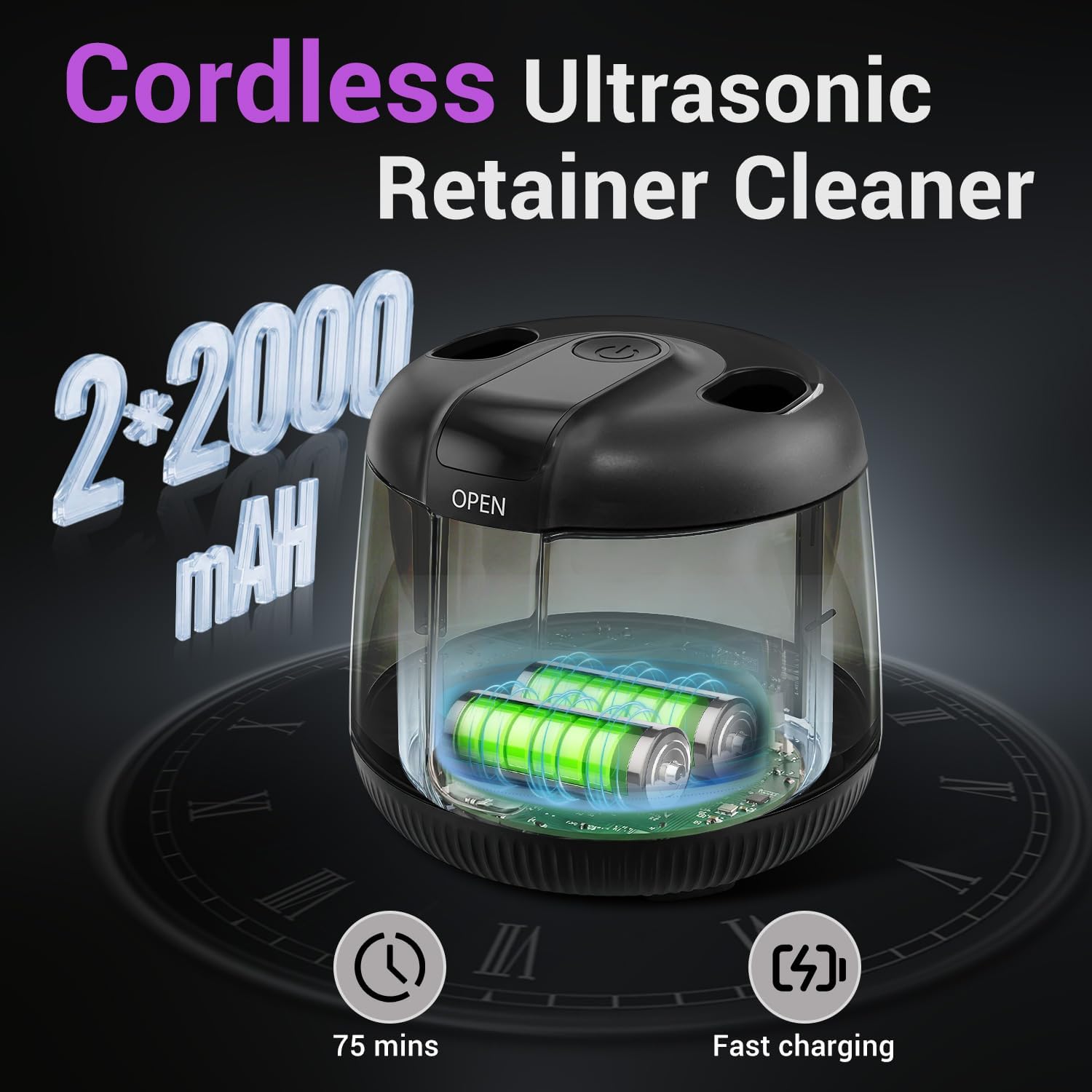 MySmile MS202B Cordless Ultrasonic Retainer Cleaner showing internal battery and charging time.