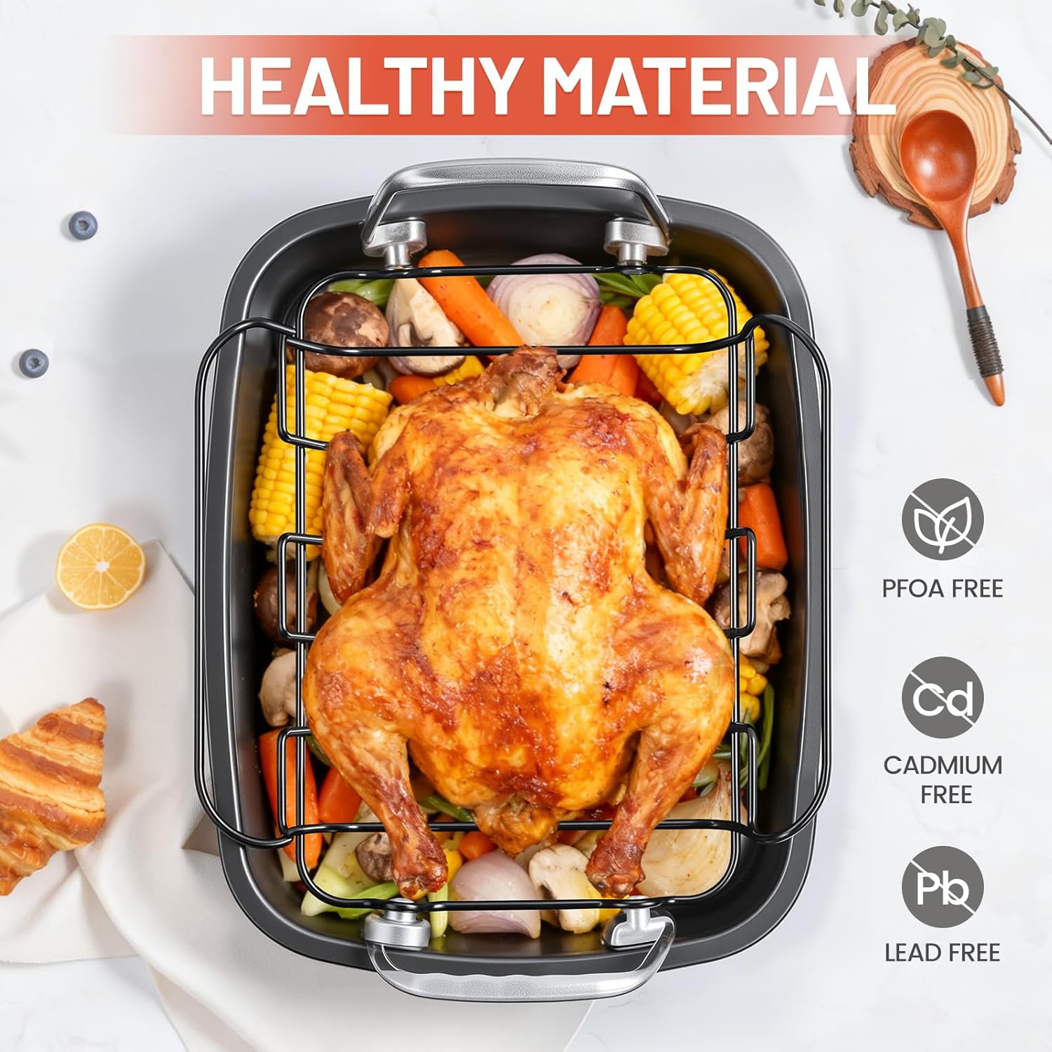 24lb Carbon Steel Nonstick Roasting Pan with Rack - BPA Free, Leak-Proof, 450°F Heat Resistant (11.5x15x4in) | Oil-Draining, Dishwasher Safe for Thanksgiving Christmas Turkey