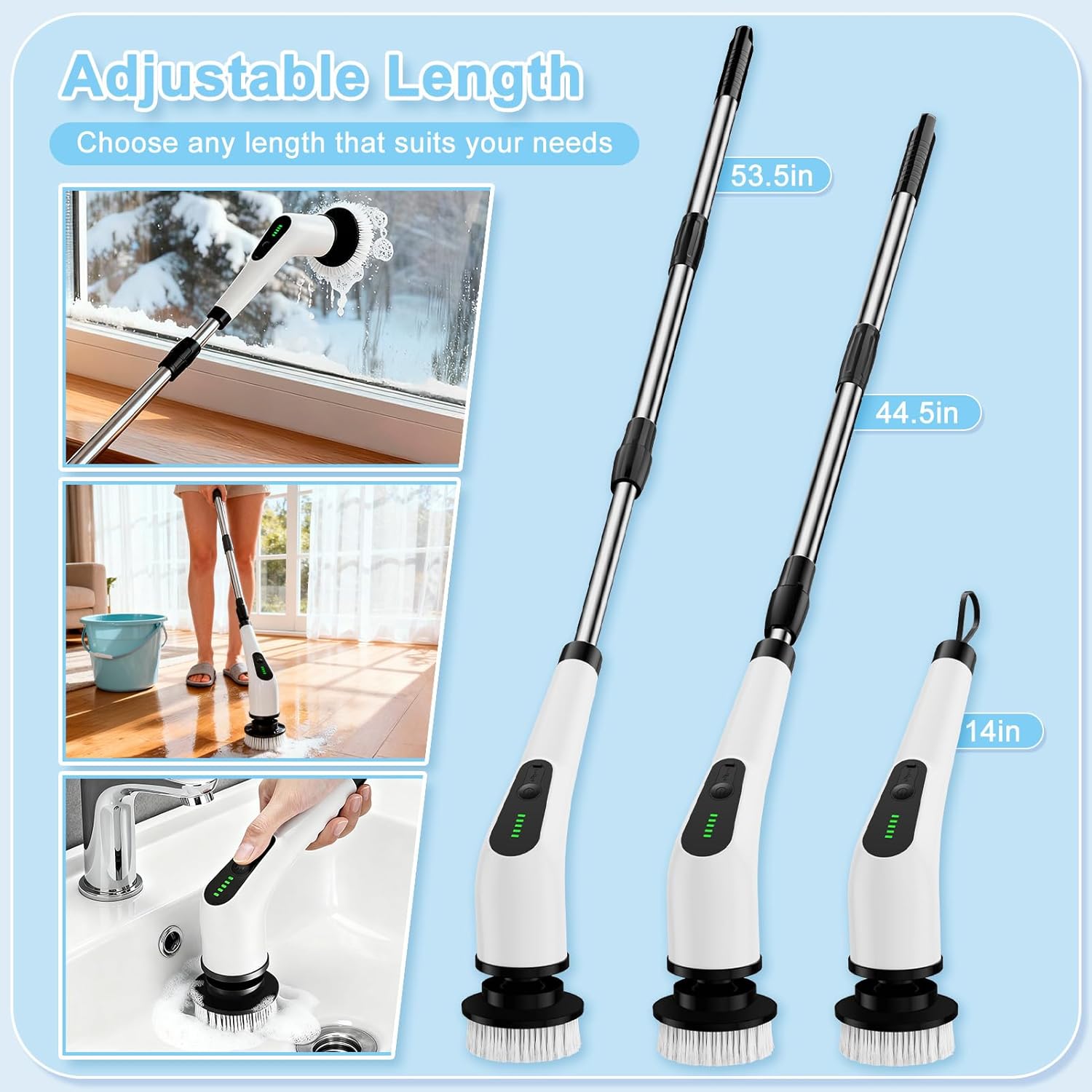 Electric Spin Scrubber, Cordless Cleaning Brush with 8 Replaceable Brush Heads, Shower Scrubber with Adjustable Extension Handle, Waterproof Power Scrubber for Bathroom Tile Floor Tub Car Walls