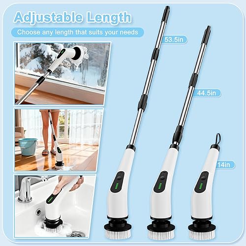Miniatura 4 de Limpiador eléctrico giratorio, cepillo de limpieza inalámbrico con 8 cabezales de cepillo reemplazables, limpiador de ducha con mango de extensión