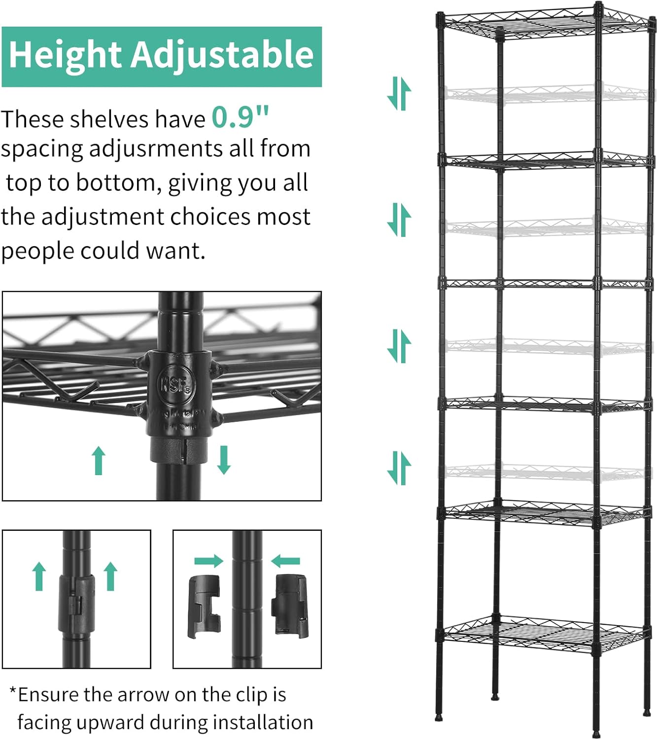 6 Tier Metal Shelf, Heavy Duty Garage Storage Rack, 100lbs Capacity per Shelf, Adjustable Wire Shelves, Black, Floor Mount, 16.7" L x 11.8" W x 63" H