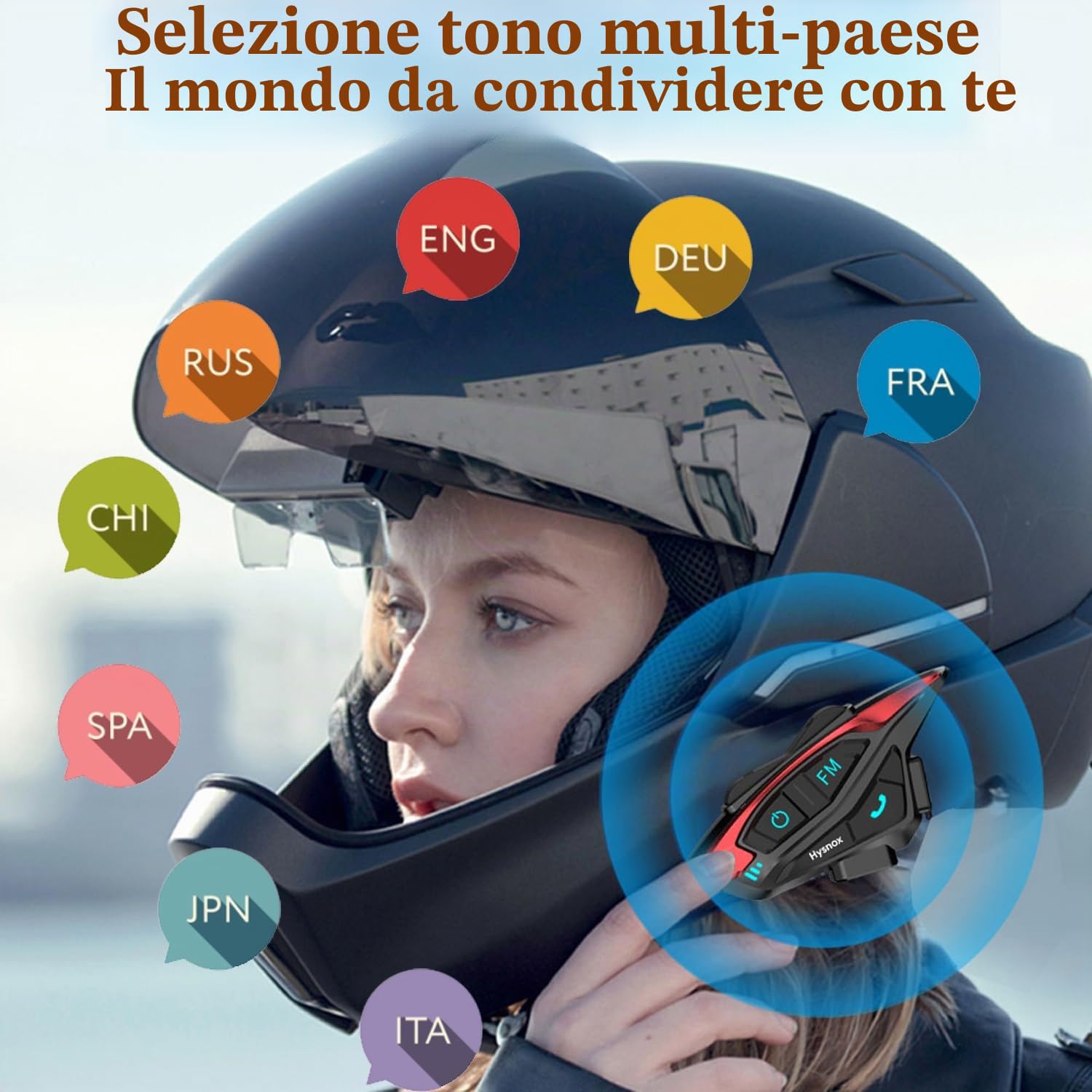 QSPORTPEAK Shark02 interfono moto bluetooth, sistema bluetooth per casco per 2 piloti/Portata 1000m/Condivisione musica/Selezione tono multi-paese(1 pezzi)