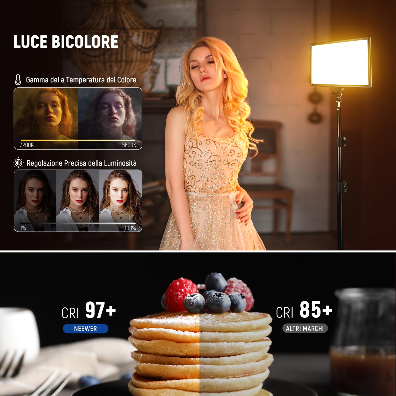 NEEWER Pannello Luce Video a 192 LED, Luce Fotocamera DSLR Ultra Sottile Bicolore Dimmerabile 20W, Batteria al Litio 4000mAh, 3200K-5600K CRI97+, Key Light per Fotogragrafia Riprese e Streaming Studio