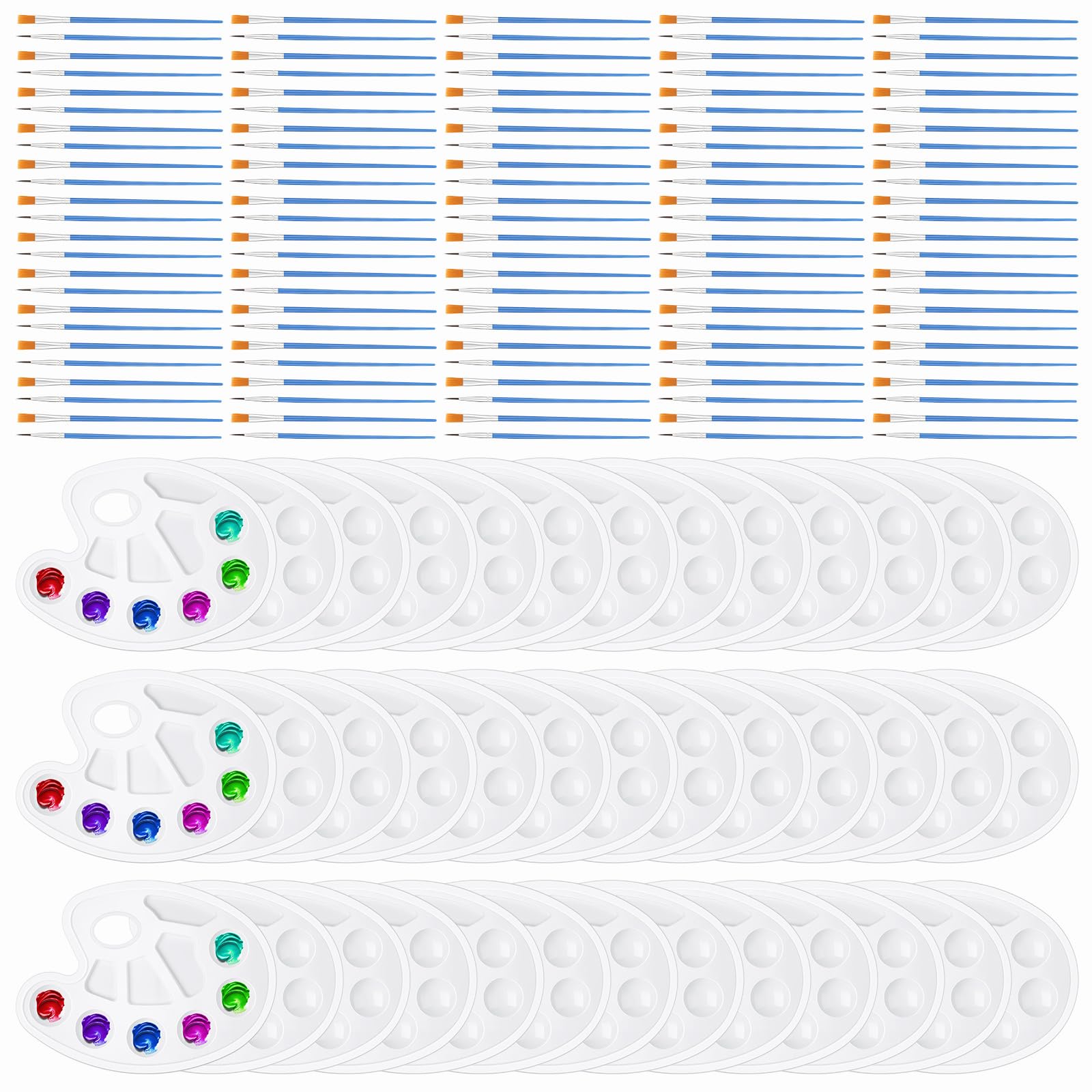 Juego de 100 pinceles de pintura de nailon, 50 paletas de bandeja de pintura, paletas de plástico, pinceles de pelo de nailon para acrílico, aceite, acuarela, estudiantes, fiesta de pintura