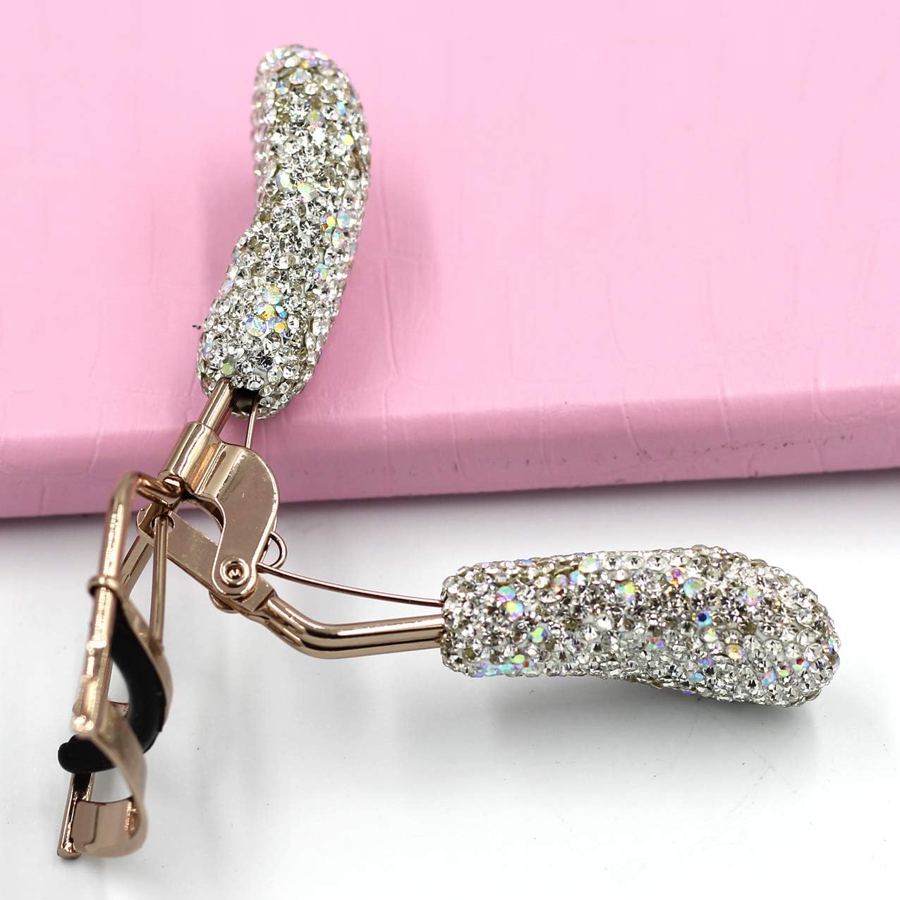 Bling Rhinestones Makeup Eyelash Curler with Refill Silicone Pressure Pads and Spring Loaded for No Pinching or Pulling (Silver)