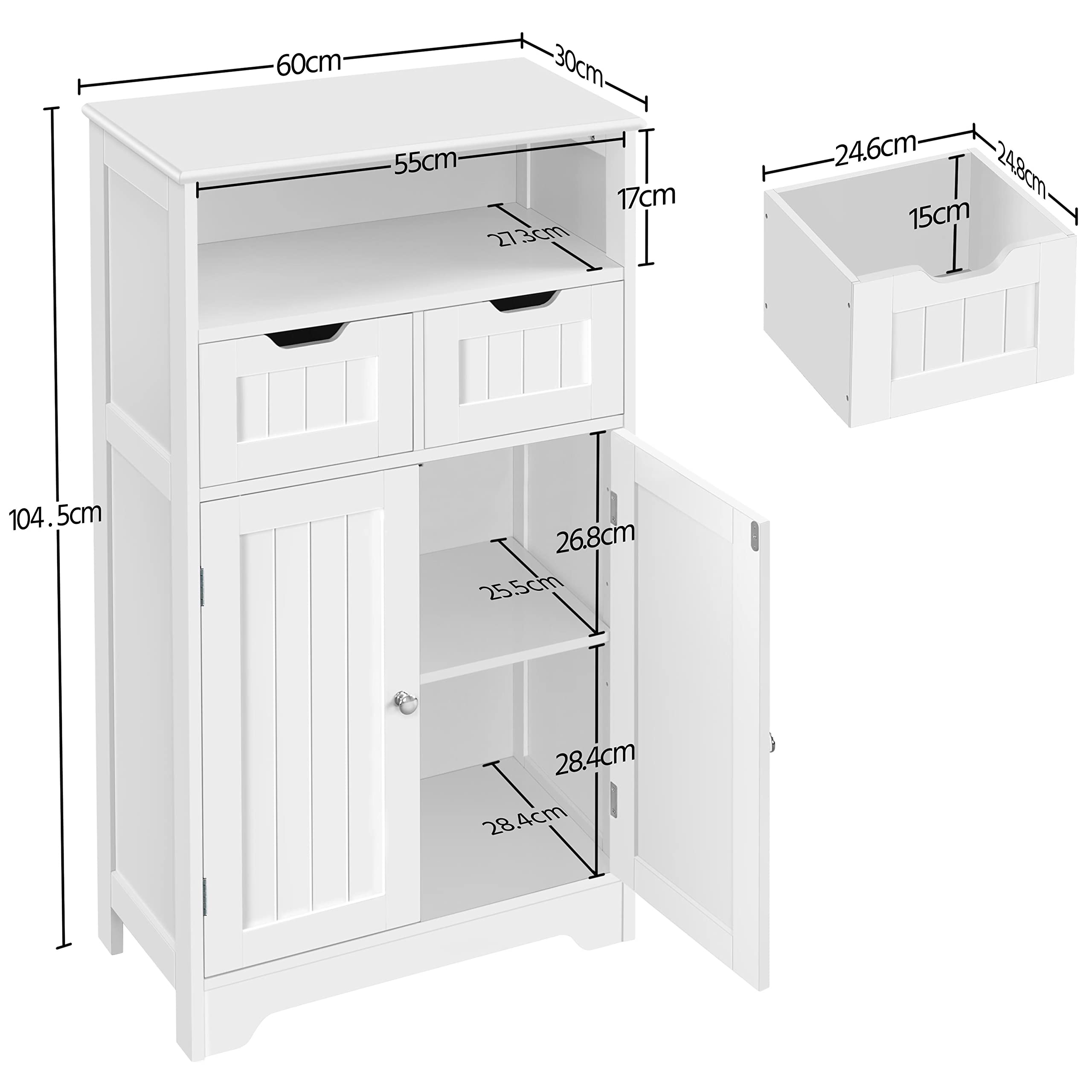 Yaheetech Mueble Baño Auxiliar con Dos Cajones Armario de Baño de Madera Mueble Auxiliar de Cocina con Estante Ajustable para Salón Entrada 60 x 30 x 104,5 cm Blanco
