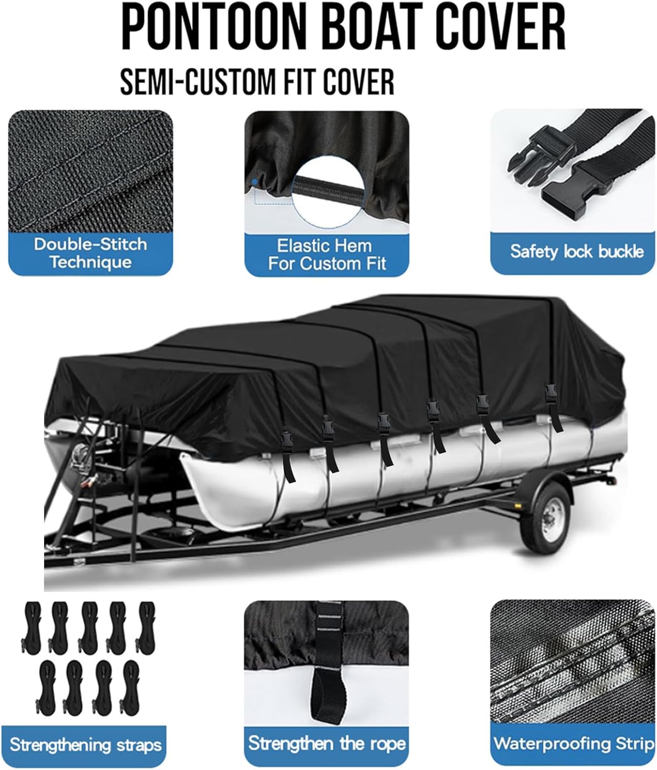 Pontoon Boat Covers 420D Oxford Cloth PU Coating Rip-Resistent Trailerable Pontoon Boat Cover Fits 17'-20' Beam Width: up to 102"