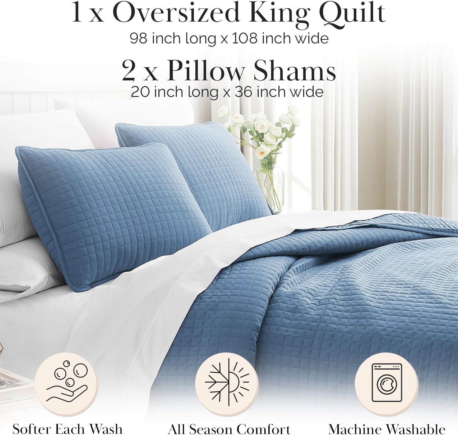 Southshore Fine Living, Inc. Quilt King Size Set with 2 Pillow Shams, Lightweight Bedspread King Size, Stain & Pet Hair Resistant for Standard or California Kings, Coronet Blue Quilt - Image 2