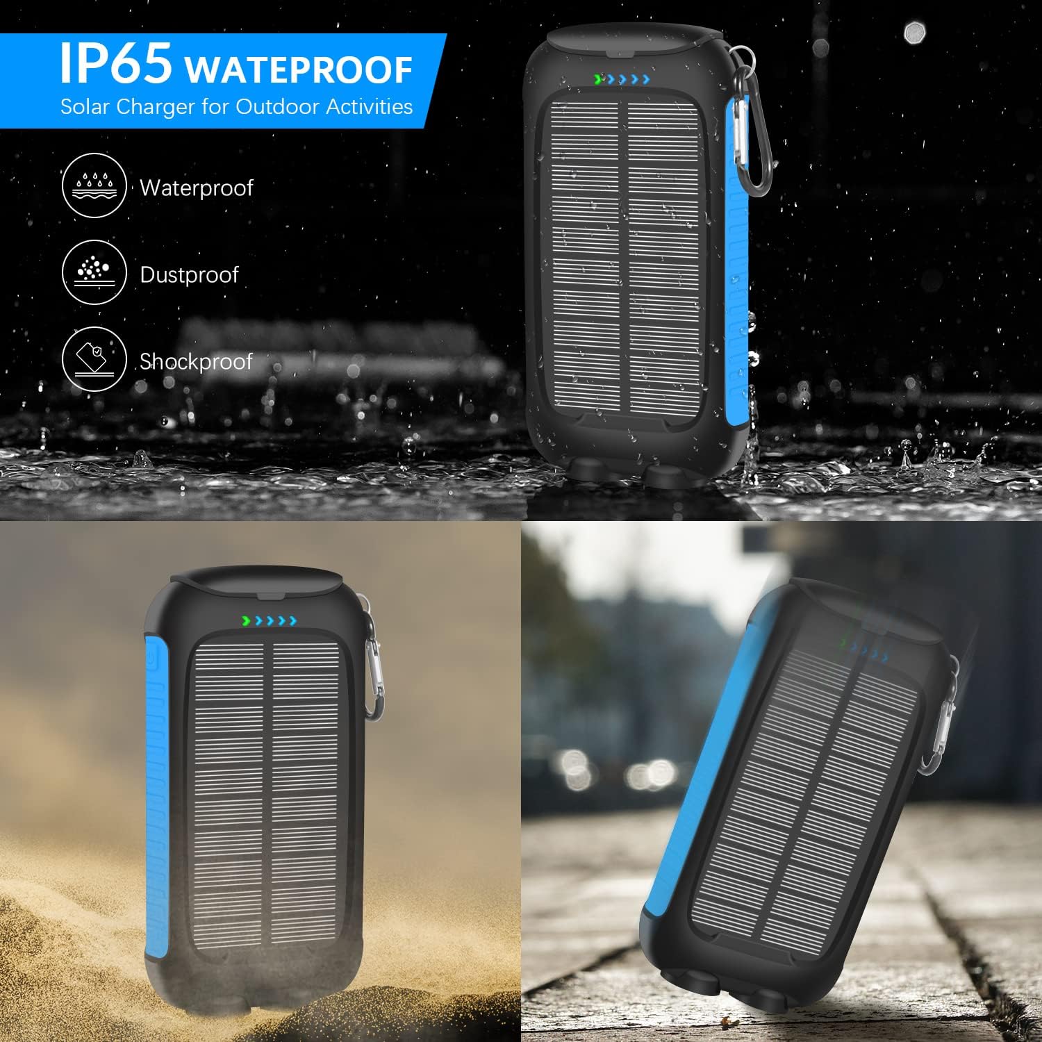 Dyuanup 20,000mAh Solar Charger Power Bank 2LED Flashlight IP65 Waterproof with Dual USB Outputs and Type C Input/Output Built-in Solar Panel for Outdoor Camping for All Cell Phones (Blue)