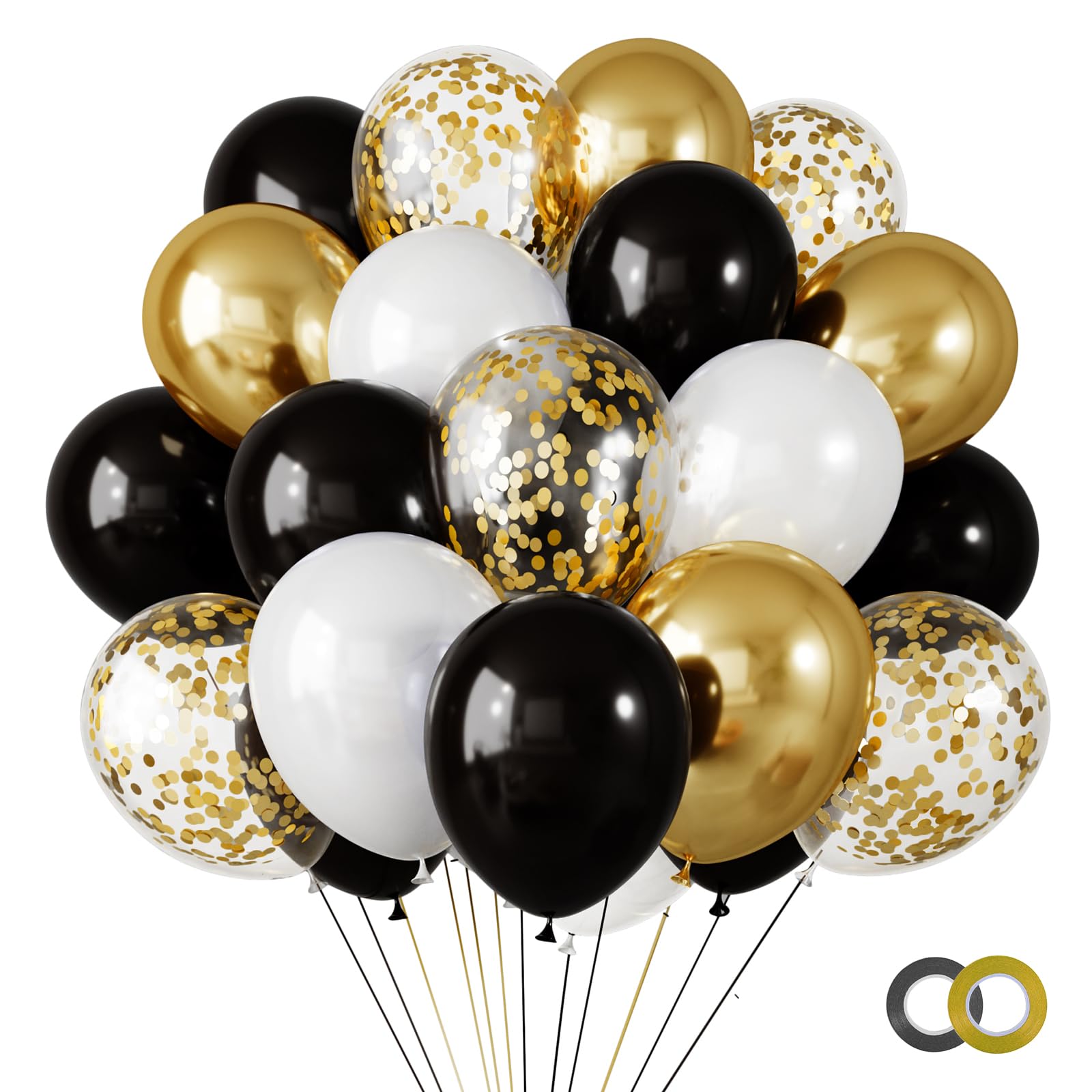 RUBFAC 65pcs Happy New Year 12 Inches Black Gold Confetti Balloons Kit, Metallic Gold and Black White Party Balloons with Ribbons for Birthday,