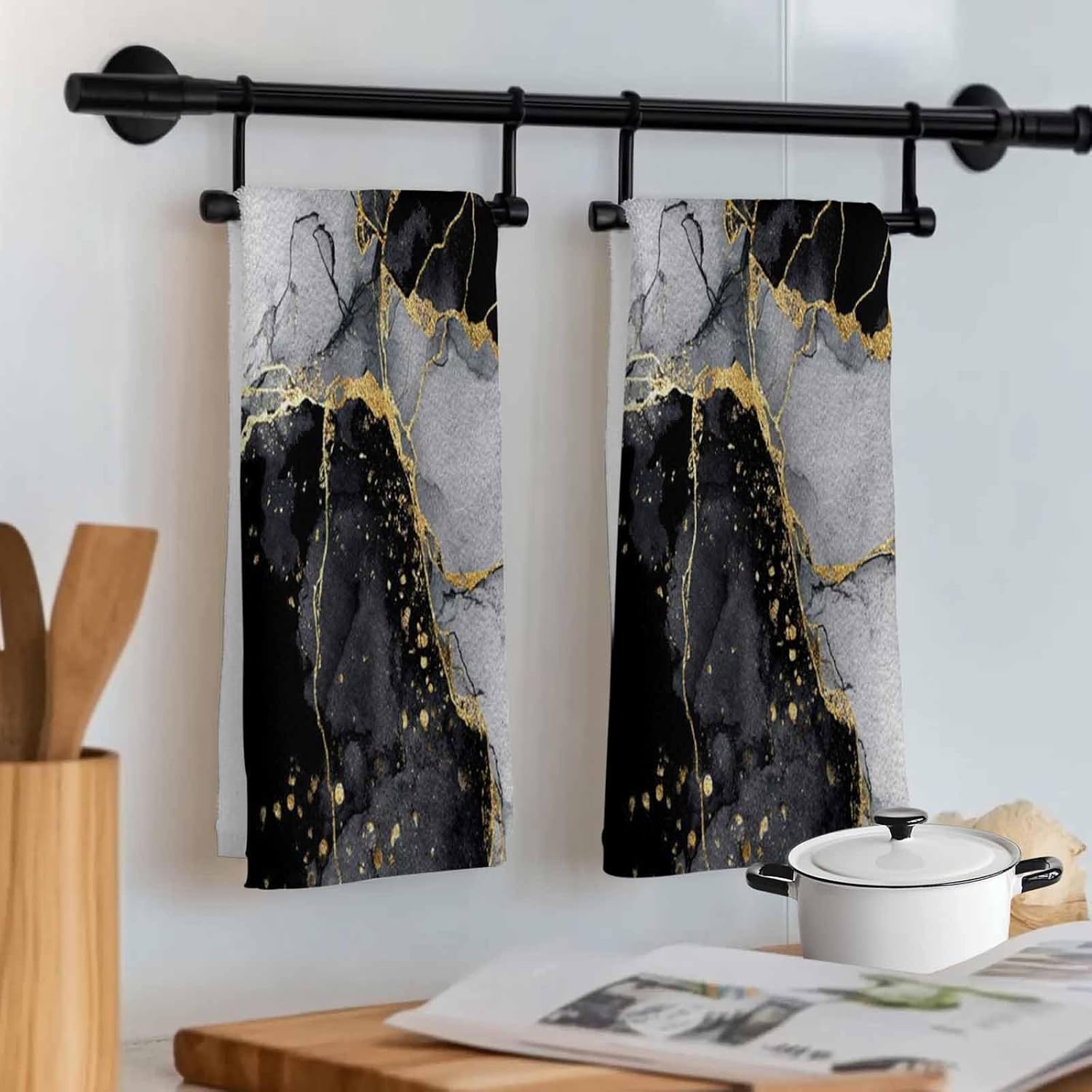 Kitchen Towels Cotton Dish Towel, Modern Black Gray Marble Texture Soft Dishcloth Absorbent Tea Towel, Abstract Gold Stripe Reusable Washable Hand Towels 2 Pack