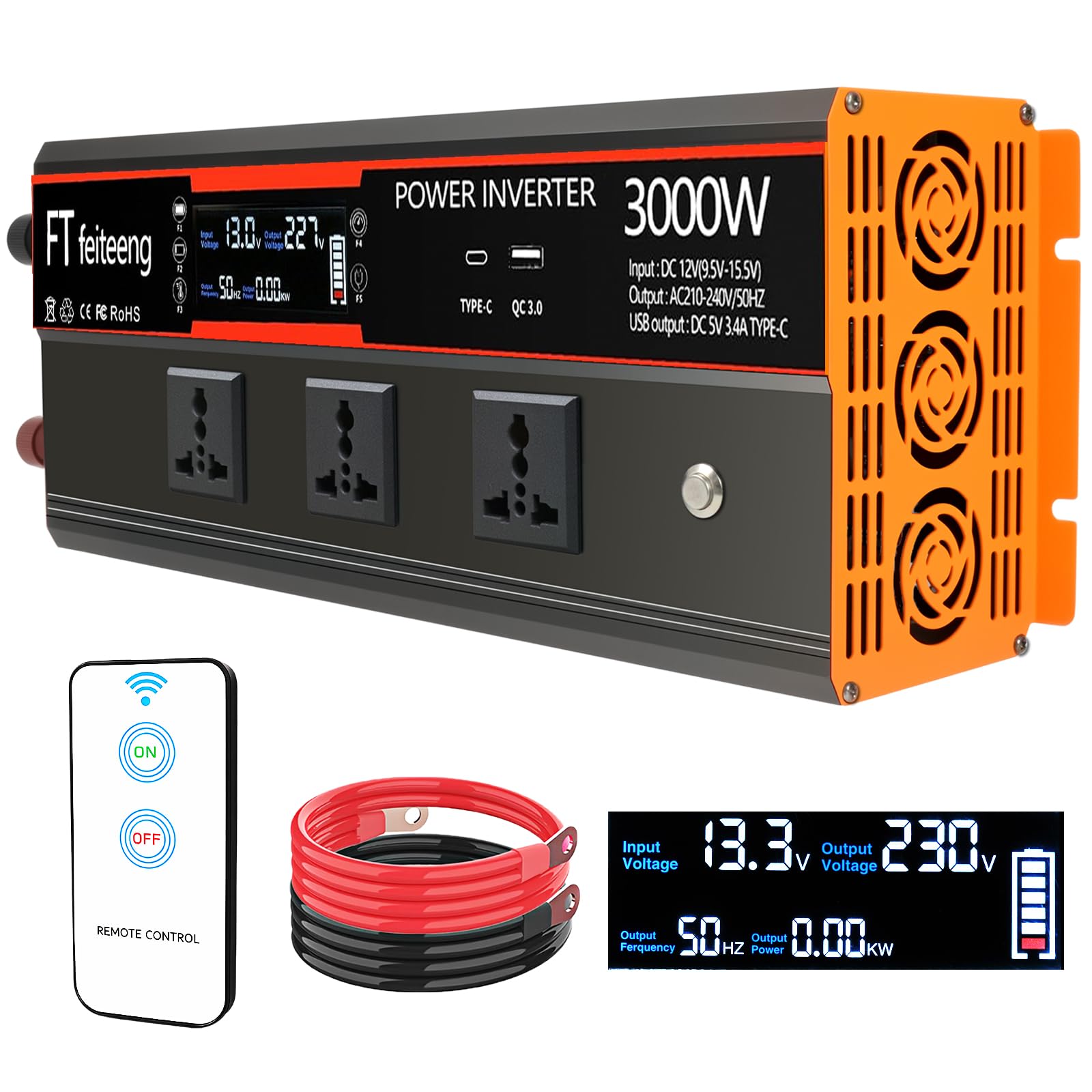 3000W Wechselrichter, 12 V auf 230 V, mit LCD-Display, 3 Universa lsteckdosen sowie USB-Typ-C- und QC 3.0-Anschlüssen für Wohnmobile, LKW und Caravans