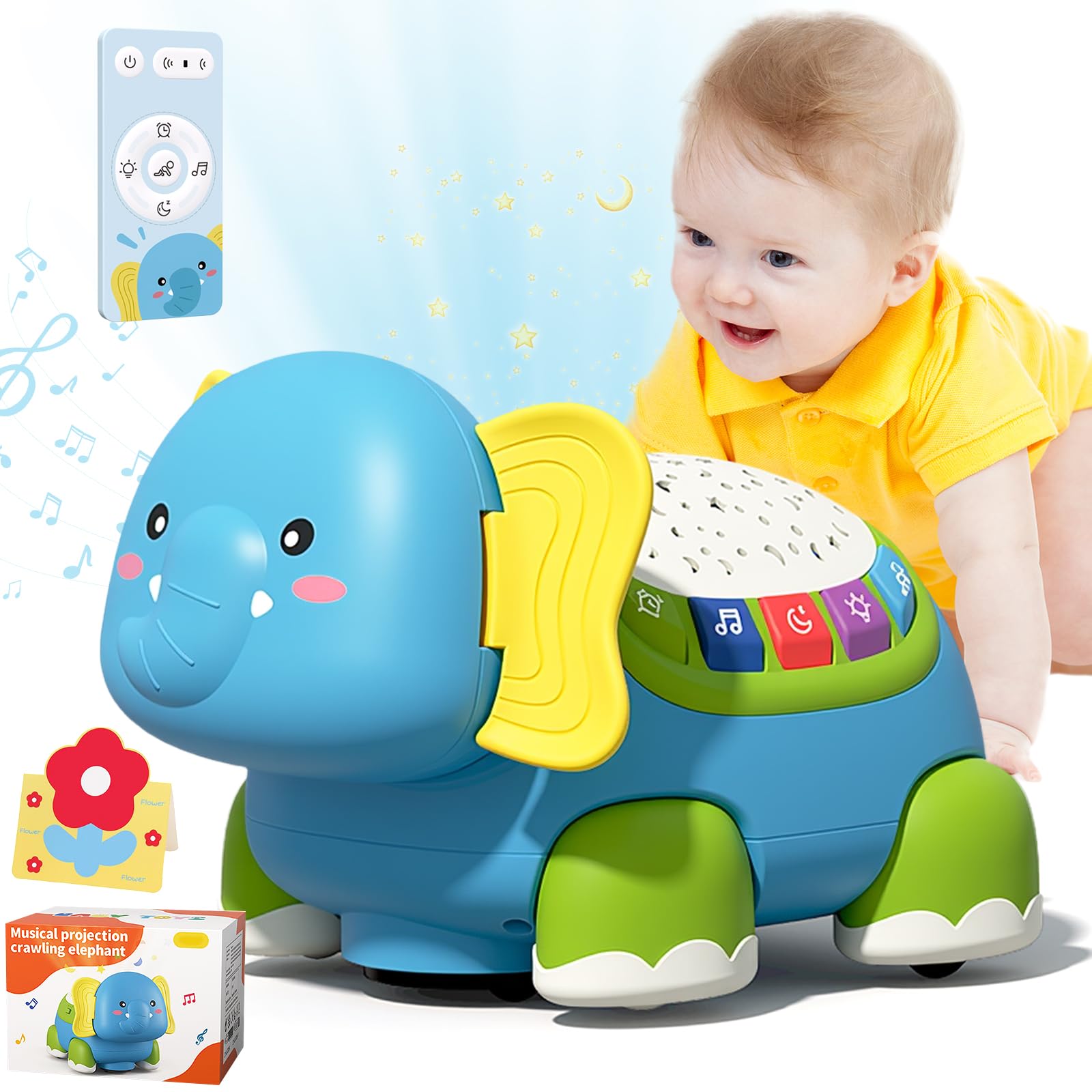 Elefante Interactivo Juguetes,Juguetes Gateo para Bebes 3-12 Meses,Elefante Musical con Proyector de Luces y Música Relajante Ideal Como Regalo para Recién Nacidos,con Tarjeta de Felicitación