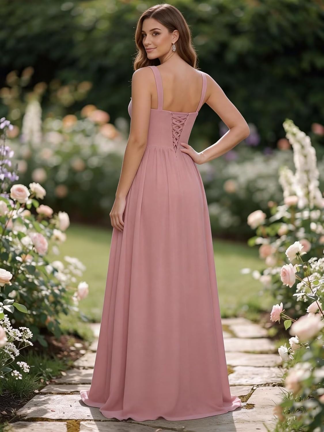Square Neck Empire Waist Bridesmaid Dresses for Women Chiffon Ruffles Formal Evening Gowns with Slit