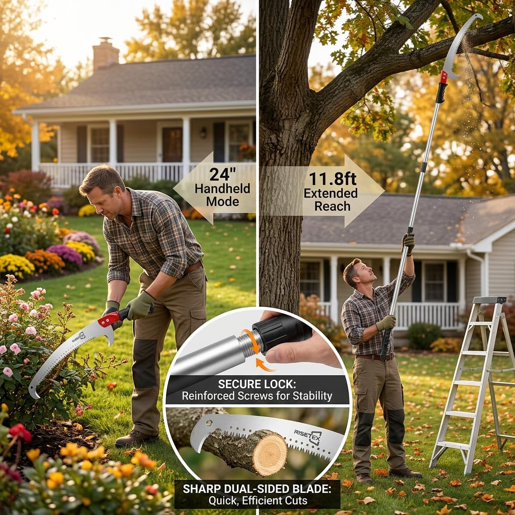 RISETEX Pole Saws for Tree Trimming 9.2 FT, Manual Pruning Saw with Manganese Steel Blade, Long Reach Branch Cutter Pole Pruner, Lightweight Tree Trimmer for Yard Garden Forestry