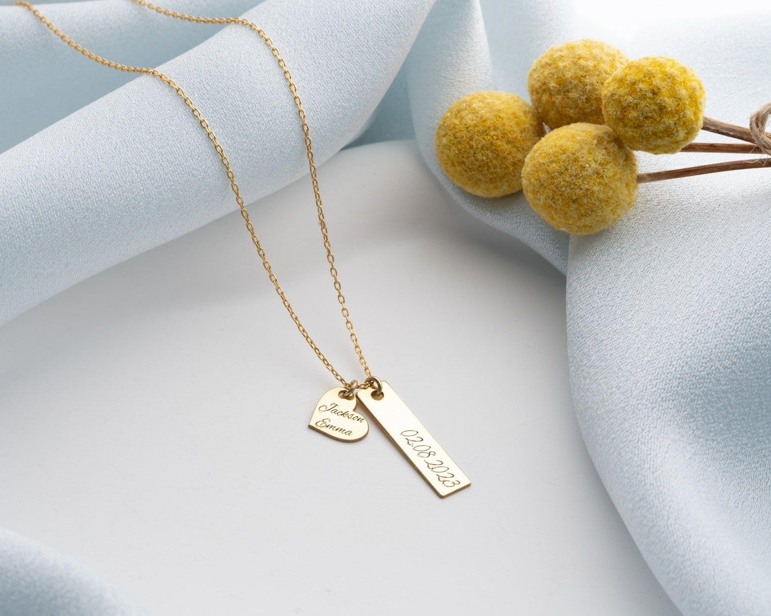 Personalizzato oro barra e cuore collana, nome barra argento con cuore famiglia data inciso