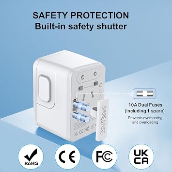 Universal International Plug Travel Adapter, 6 in 1 Wall Charger with 3 Type-C 5.8A 29W PD Fast Charging & 2 USB-A 5.8A & Multi AC Outlet Adaptor for USA EU UK AUS 200+ Countries