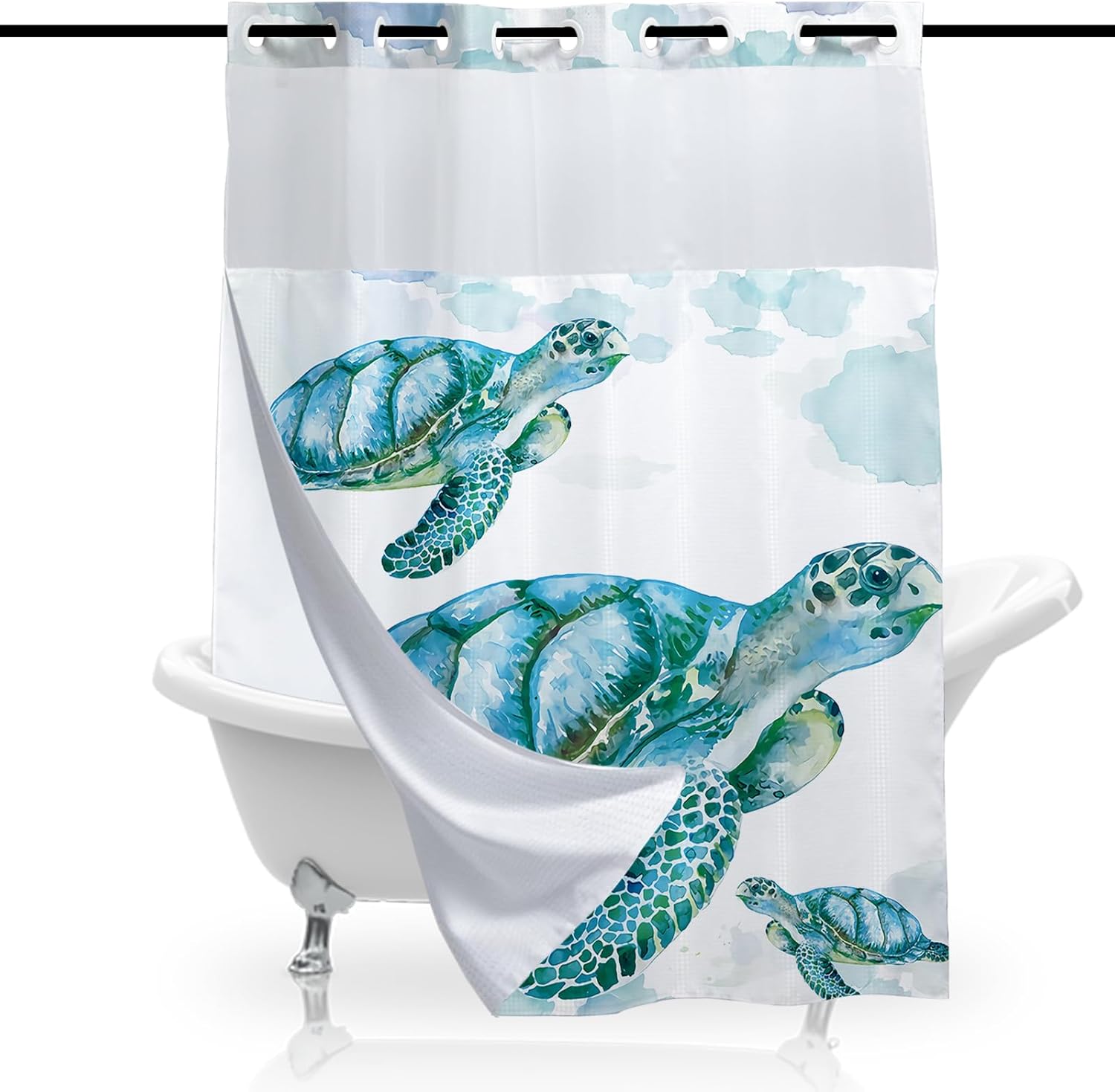 Turtle Cute Shower Curtain for Bathroom, Waterproof Waffle Ocean Beach Nautical Shower Curtain with Snap in Fabric Liner Set, Heavy Duty Shower Curtains Hotel Spa Luxury Polyester 72Wx74H No Hook