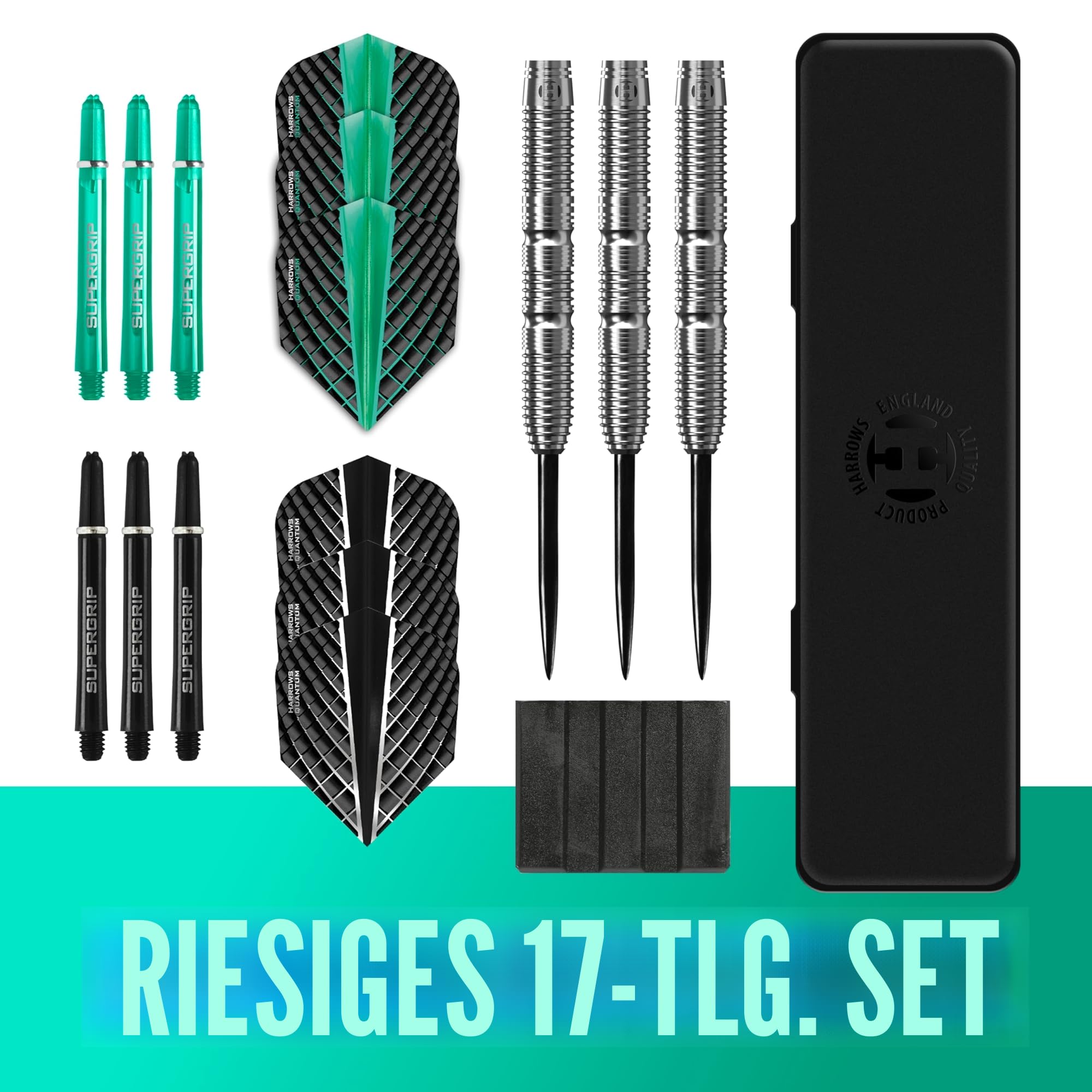 Harrows NX Elite 90% Tungsten Steel Tip Darts Set | 21 g bis 26 g alle Gewichte verfügbar | Riesiges 17-teiliges Bundle mit Supergrip Shafts, Quantum Flights & Reiseetui