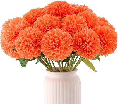 Hananona 12 Pcs Artificial Chrysanthemums Flowers Marigolds Ball Flower, Orange Fake Mums Silk Fall Flowers for Autumn Dia de Los Muertos Home Decor Day of The Dead Table Centerpiece 12, Orange