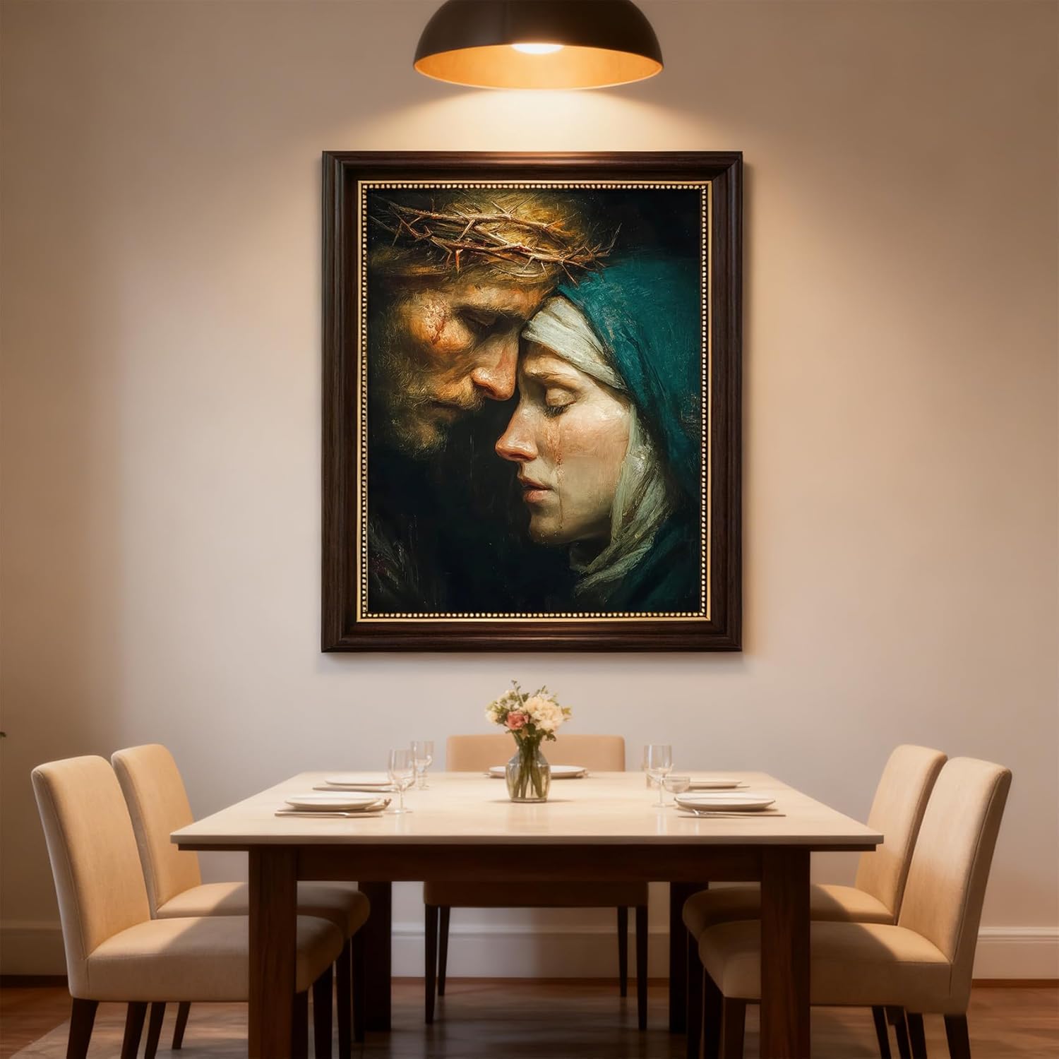 QWETYY666 Dark Framed Jesus and Virgin Mary Wall Art Brown Frame Catholic Canvas Wall Decor Catolicas Mother son Faith Gifts For Living Room Bedroom Church Religious Pictures Print 16x24 inch