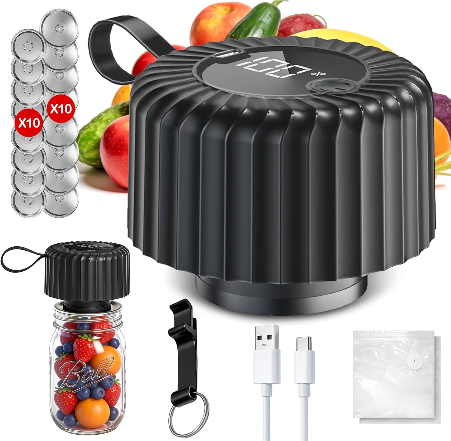 Electric Mason Jar Vacuum Sealer Kit for Food Storage & Canning, Compatible with Regular and Wide Mouth Jars