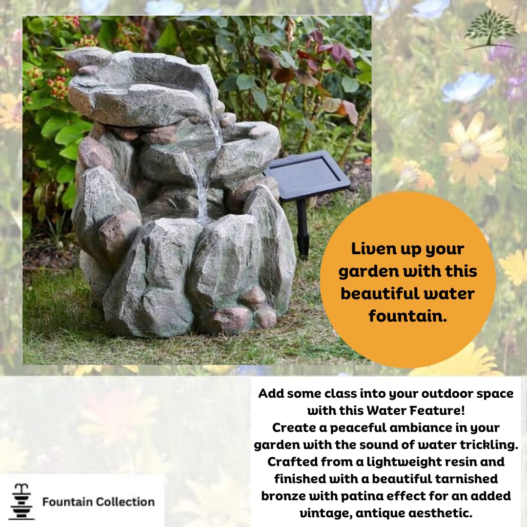 Garden Mile Modern Rock Fall Fuente de agua – Cascada al aire libre con energía solar de resina reciclable – Adornos de jardín, centro de mesa decorativo al aire libre para estanque, patio y
