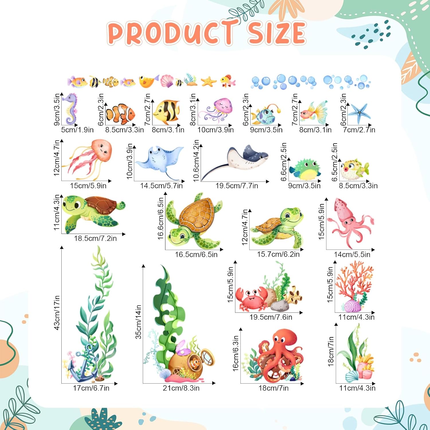 Supzone Under the Sea Wall Decals - Cute Sea Turtle Ocean Fish Seaweed Octopus Wall Stickers for Kids Baby Nursery Toddlers Bedroom Bathroom Playroom Decor
