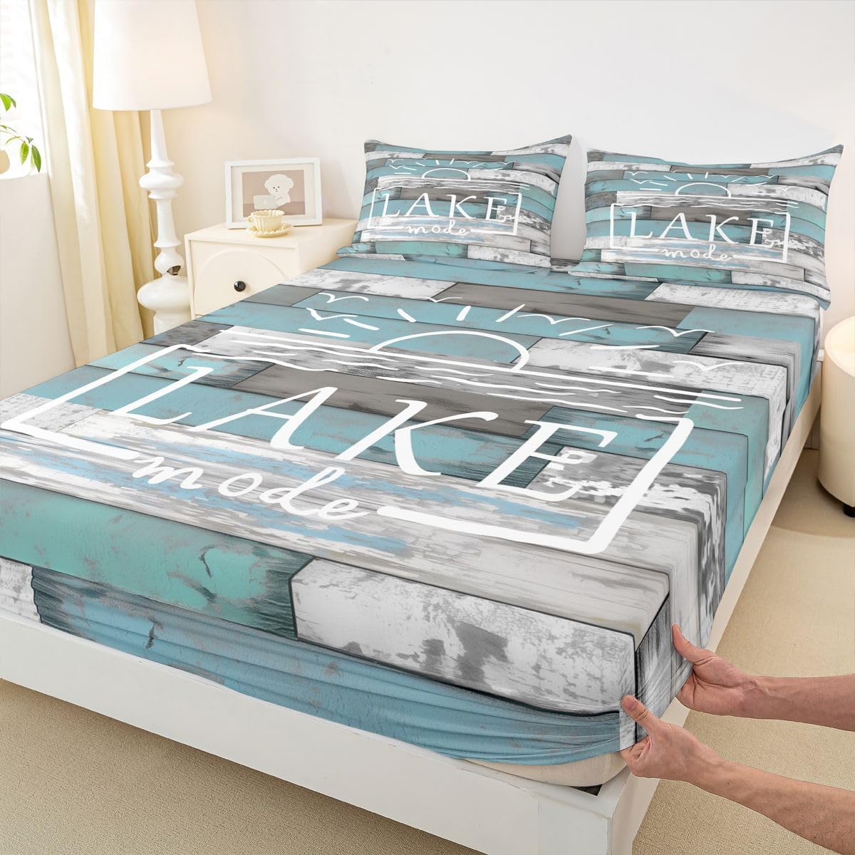 Lake Life Decor Sheet Set Cute Sun Sketch Sunset Flat Fitted Sheet,Retro Lake Cabin Decor Watercolor Wood Plank Bed Sheets Set Queen Lake House Gifts,Farmhouse Style The Lake House Decor for The Home