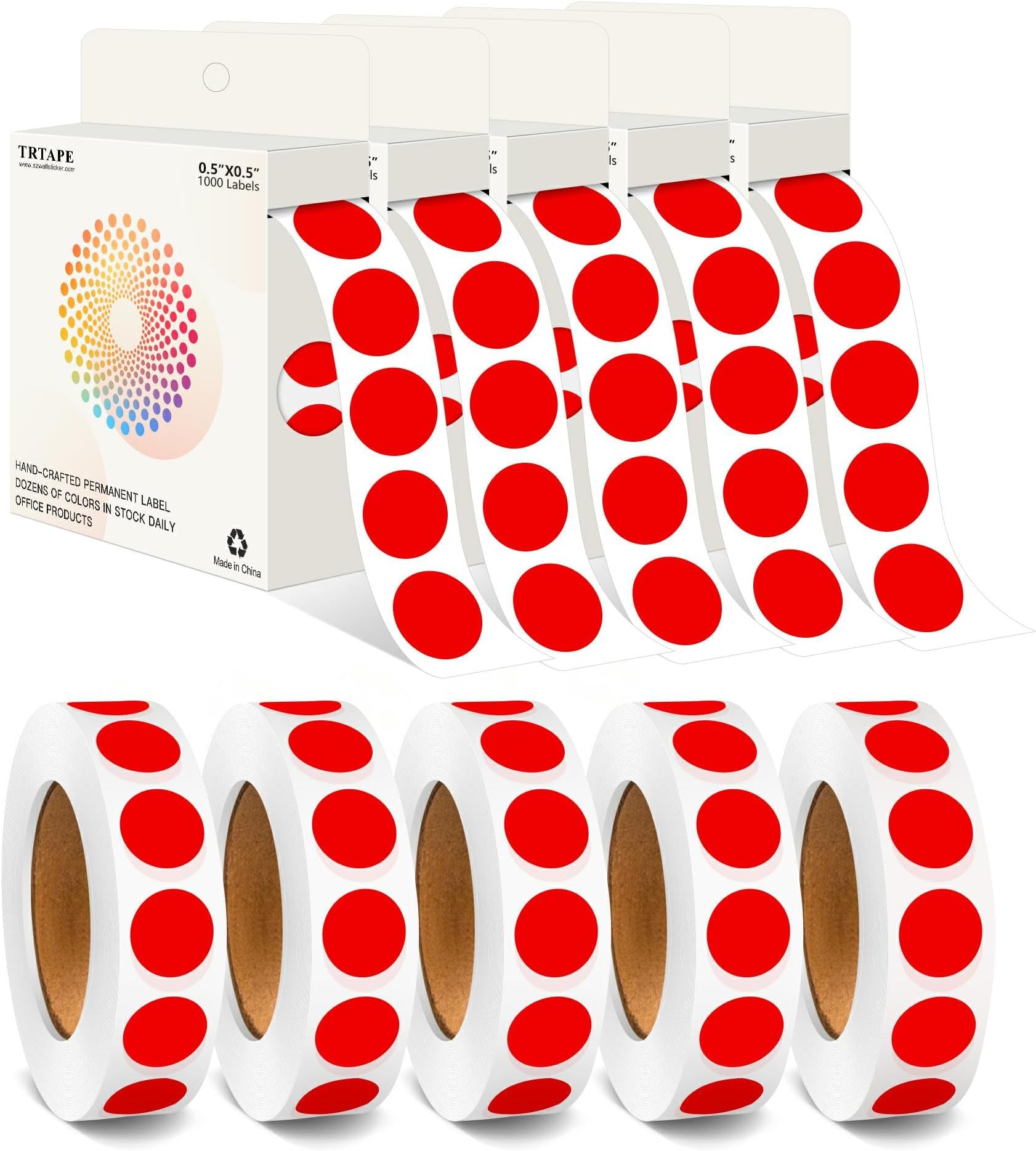 - 1/2 Inch Round Color Coding Dots - 10 Rolls, 10000 Stickers - Adhesive Color Dot Labels for Organizing Files, Crafts, Office, and School (Red)
