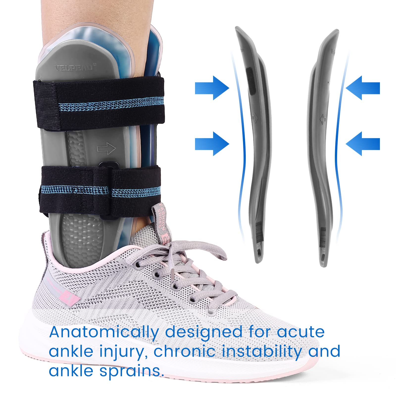 Velpeau Ankle Support Brace for Men & Women, Ankle Stabilizer, Stirrup Splint for Sprains, Tendonitis, Volleyball, Basketball, Sprained Ankle, Reversible Left & Right Foots, One Size (Gel Pad, Grey)
