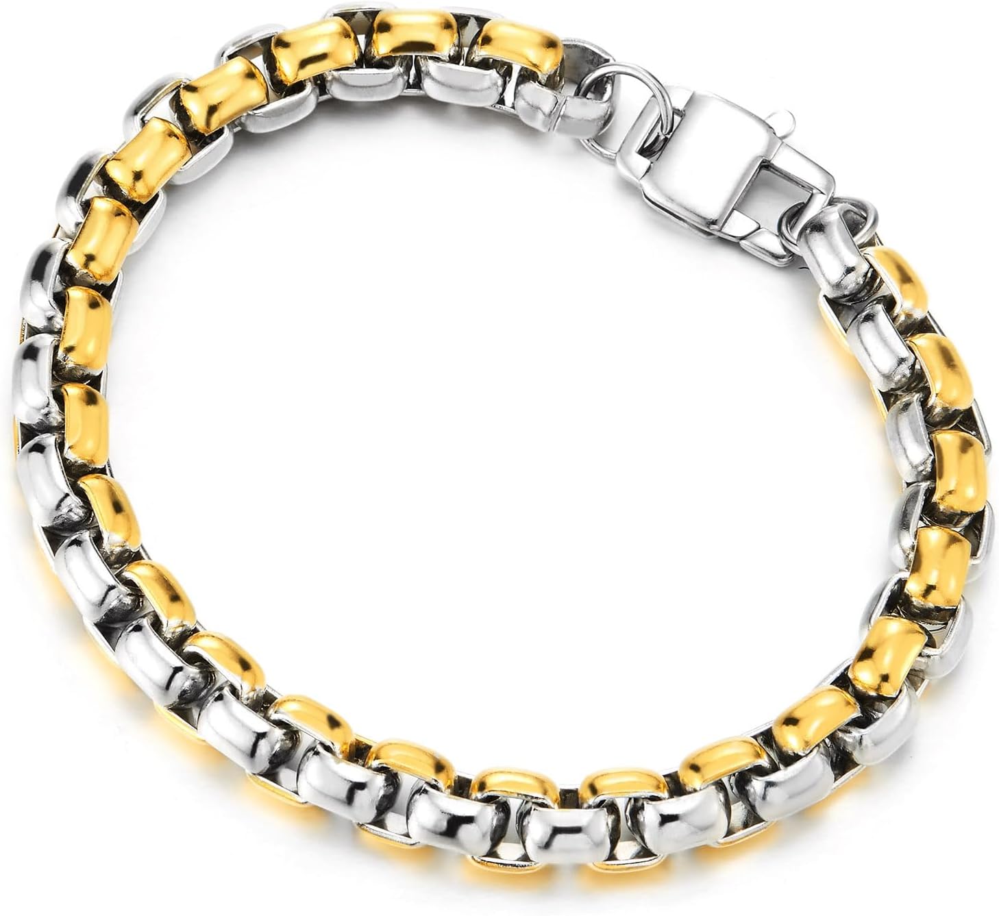 COOLSTEELANDBEYOND Men’s Stainless Steel Bracelet Gold Silver Two-Tone Rolo Chain Link Durable Fashion Jewelry Gift