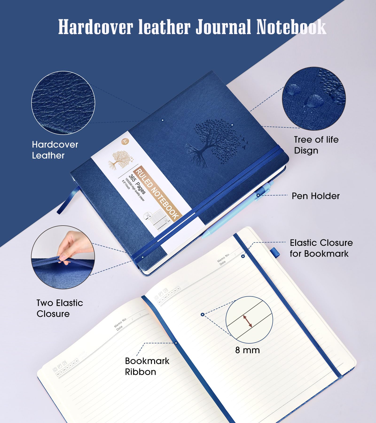 Diario a righe, 365 pagine A4, grande diario per scrivere a righe, copertina rigida in pelle per donne e uomini, quaderno quotidiano per lavoro, prendere appunti, carta spessa 100 g/m² (21,6 x 27,9