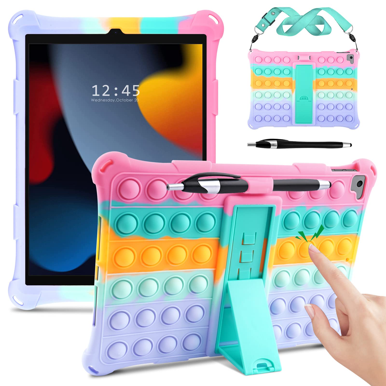 DETUOSI Silicone Case Compatible with ipad 9th Generation 2021/ 8th Generation 2020/ 7th Generation 2019, with Shoulder Strap & Stylus Pen, Soft