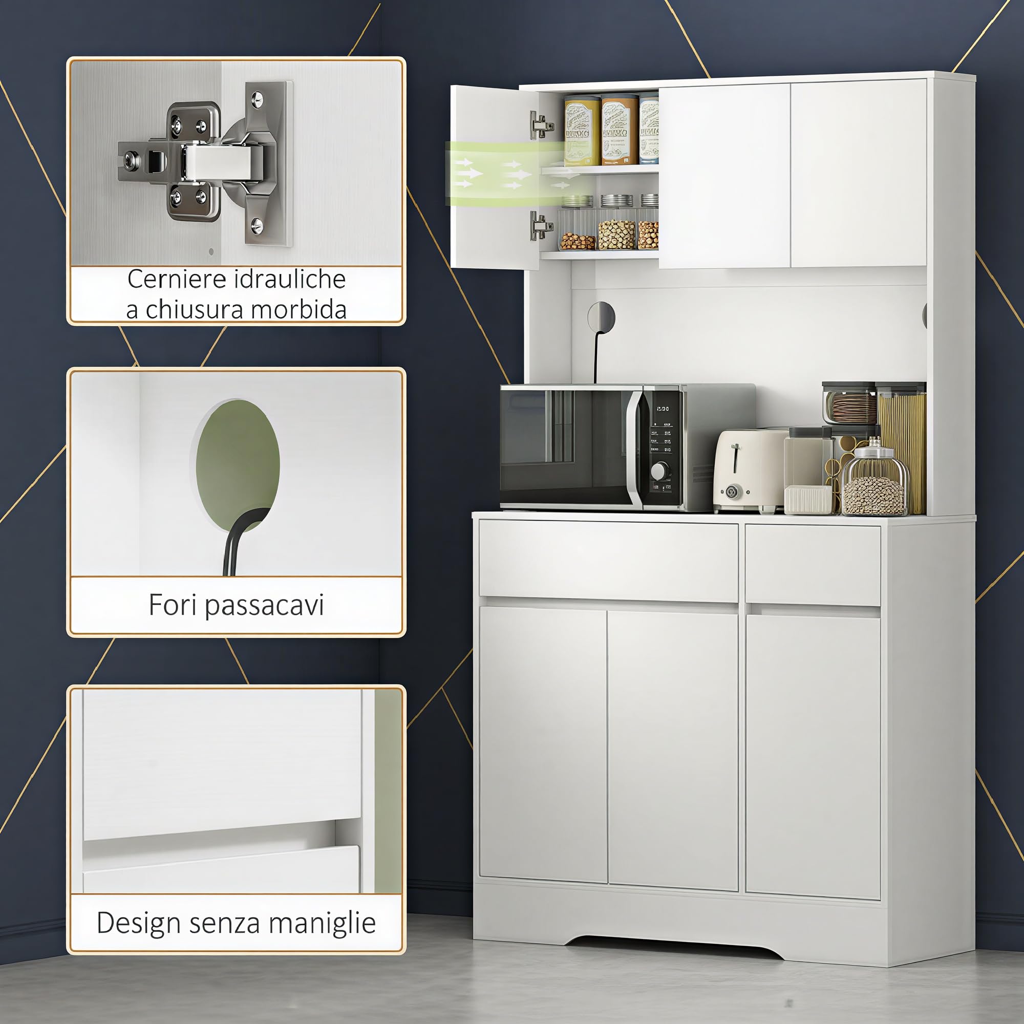 HOMCOM Credenza Cucina Alta con 6 Ante e 2 Cassetti, Mobile Cucina con Passacavi, Mobile Dispensa con Ripiani Regolabili e Piano per Microonde, per Sala da Pranzo e Soggiorno, 100x38x180 cm, Bianco
