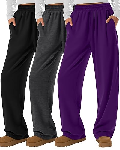 Neer 3 Pack Womens Wide Leg Sweatpants Elastic High Waisted Baggy Long Pant Casual Lounge Yoga Drawstring Jogger with Pockets(Black, Purple, Dark Mixed Gray,X-Large)